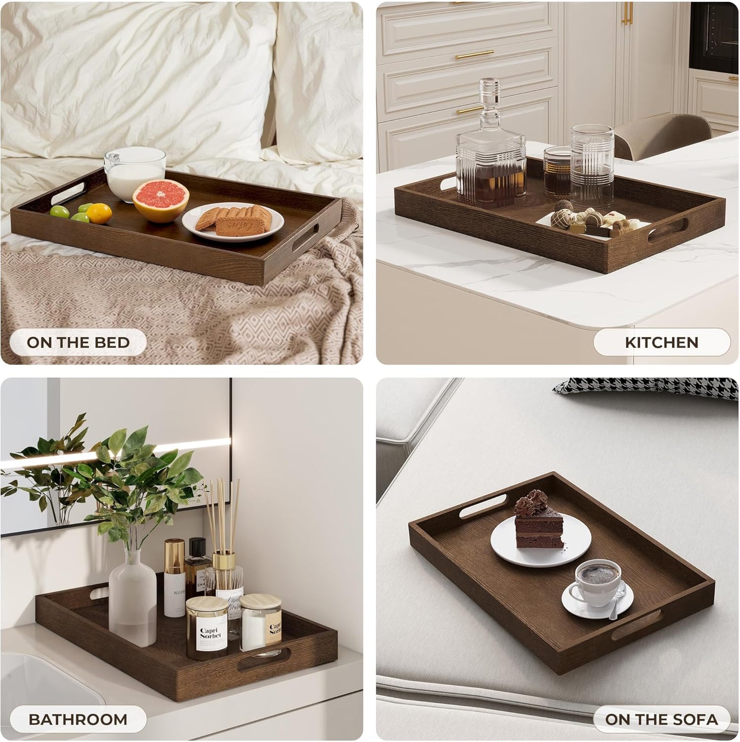 Axeman Wooden Serving Tray with Wood Handles|Ottoman Tray for Breakfast, Bed, Couch|17x12in Ash Wood Coffee Table Trays|Food Drinks Decorative Storage Boards for Ottoman Kitchen, Walnut