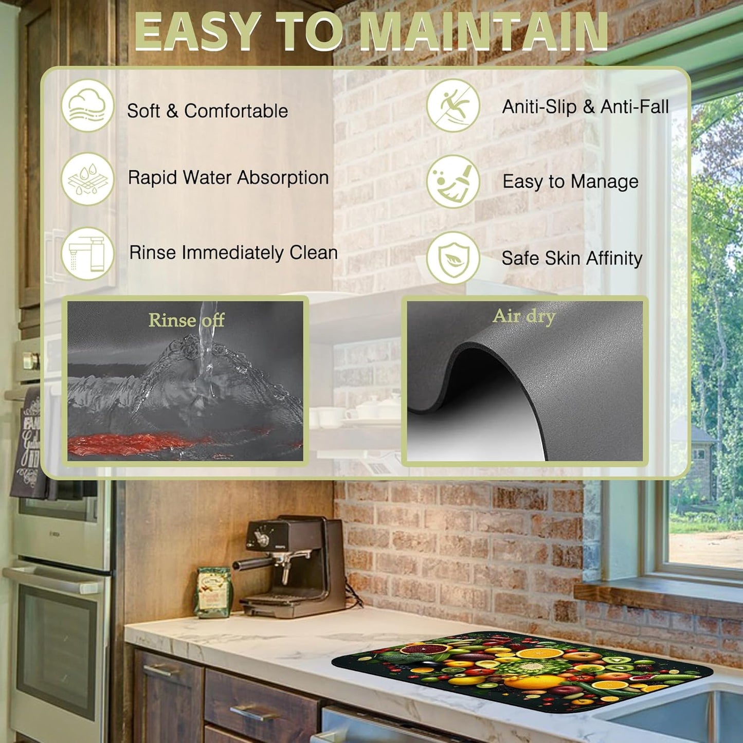 Kitchen Mat Fruits Vegetables Dish Drying Mat 12"x19" Bsorbent Coffee Maker Mat for Sink Dishes or Under Rack Kitchen Counter Accessories Absorbent Hide Stain Rubber Backed Dish Drying Pad