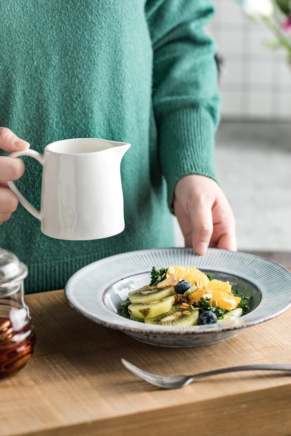 Ceramics Creamer Pitcher - 16 OZ Porcelain Coffee Creamer Pitcher with Handle, Funny Milk Pourer for Home Kitchen Coffee Bar, White