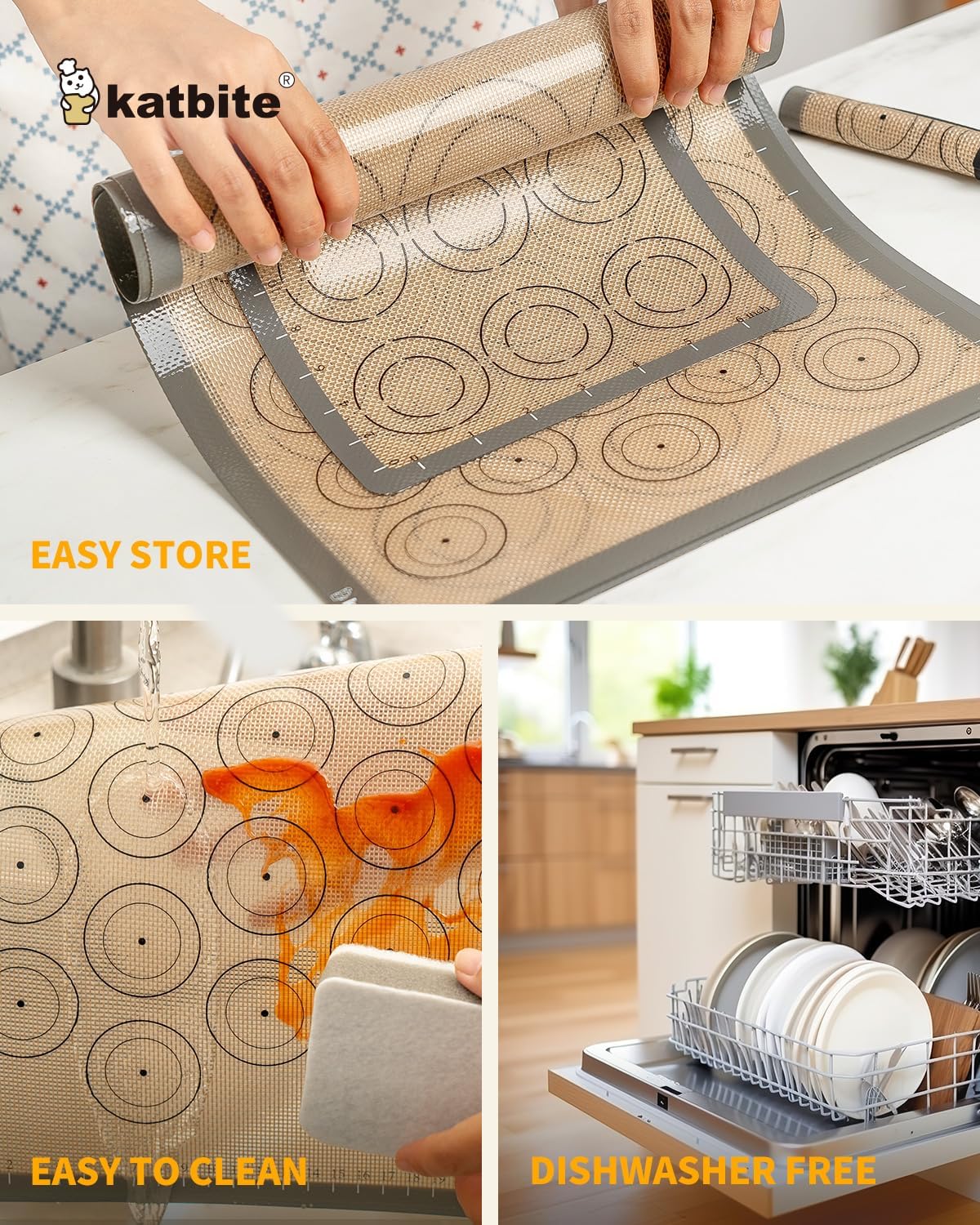 Silicone Baking Mat Set of 5, Katbite Food Grade Non-stick Reusable Cookie Sheet Bakeware Mats for Making Macaron, Cookie, Pizza, Pastry