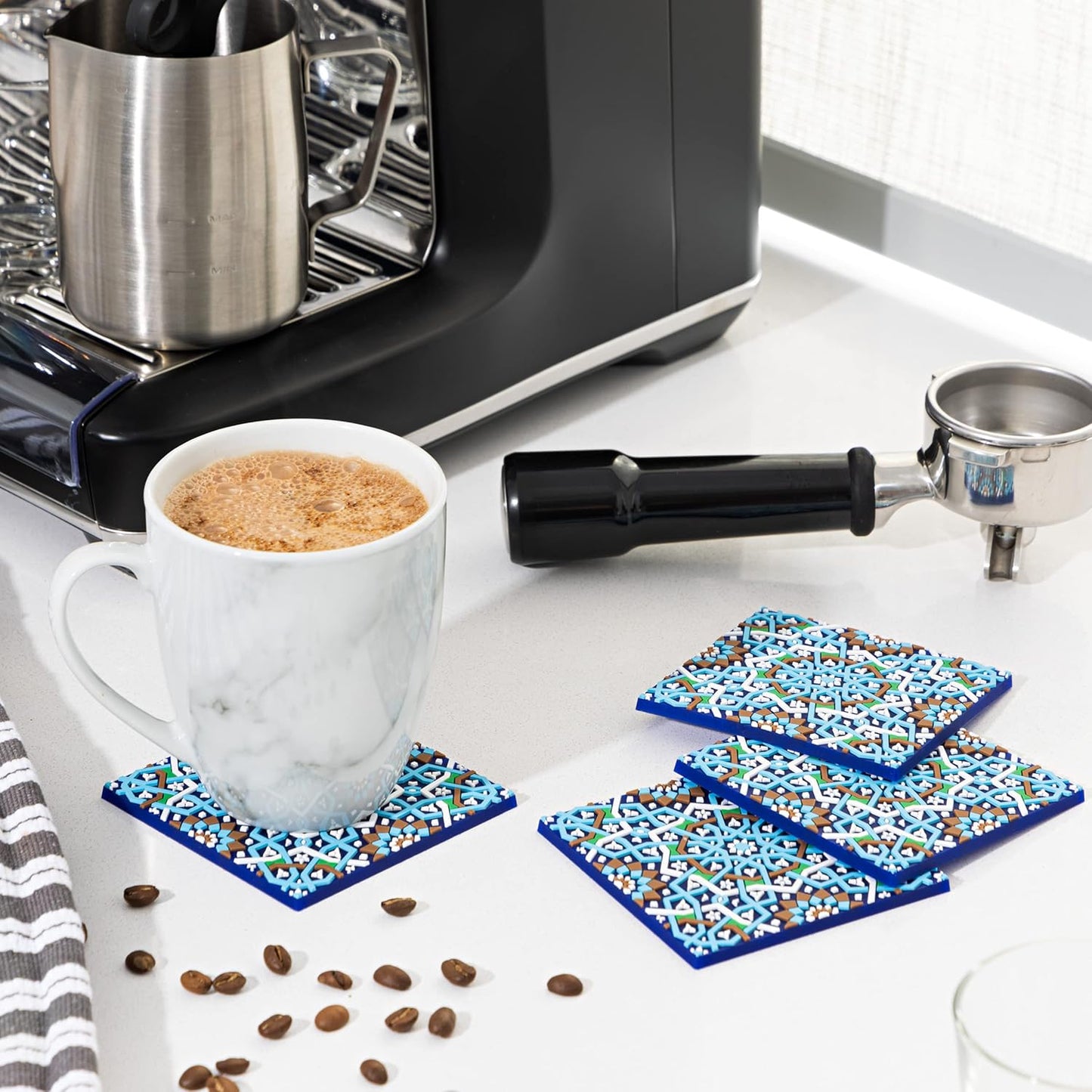 Blue Tile Colored Coasters Set of 4, Silicone, Protects Against Water Marks or Damage Fits All Cups, 3.5" Size
