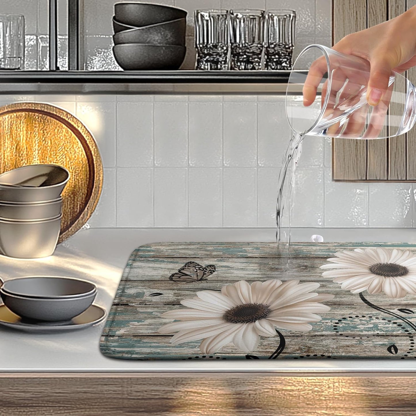 Summer Sunflower Vintage Dish Drying Mats for Kitchen Counter Country Rustic Daisy Farmhouse Kitchen Dishes Dryer Pad Fall Absorbent Dish Mat Microfiber Washable Foldable Reusable Large 18x24 in