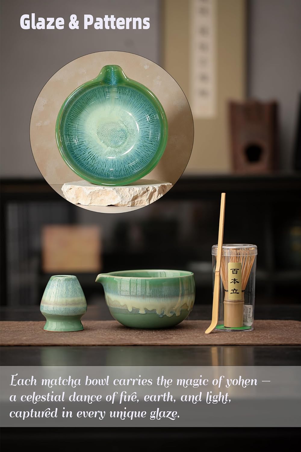 Matcha Whisk Set with Ceramic Bowl - Bamboo Whisk (Chasen), Scoop, Sifter & Holder - Complete Kit for Traditional Matcha Tea - Unique Gifts for Women, Men, Tea Lovers (Green)