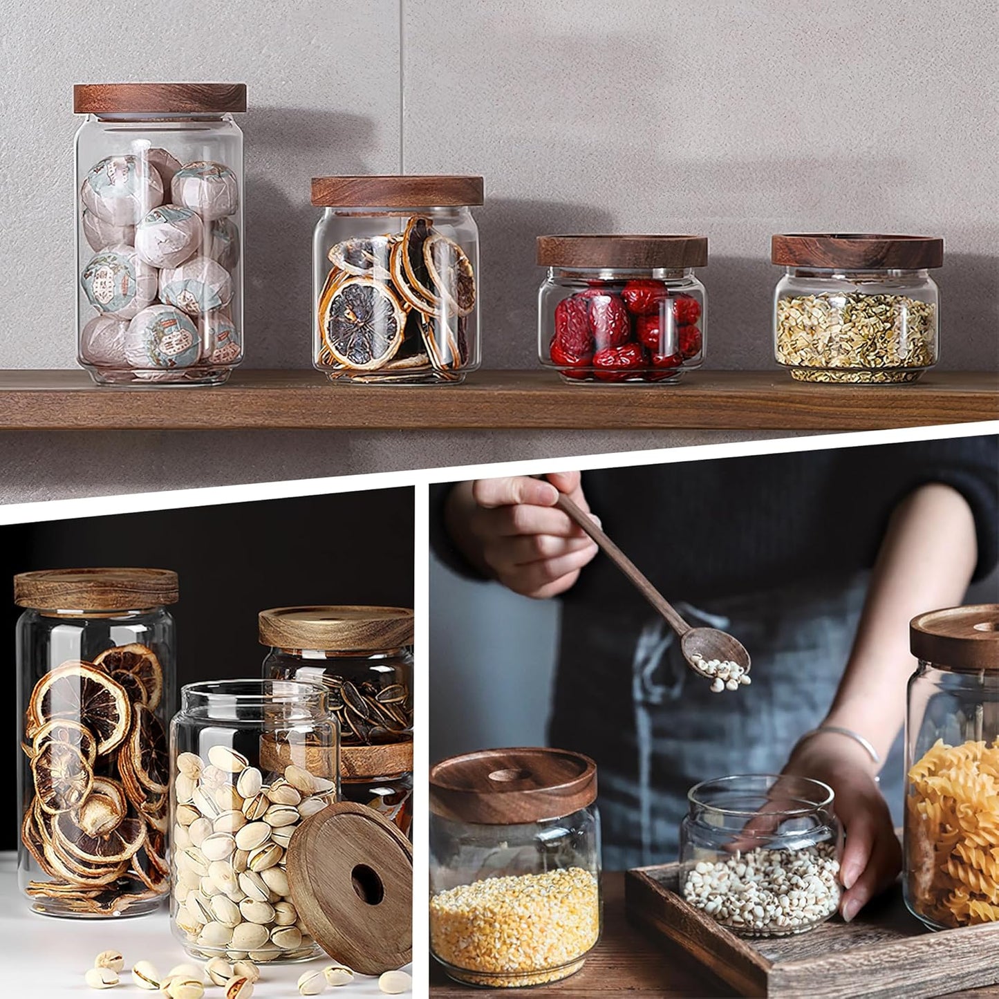 720ML/24Oz Clear Cute Glass Storage Canister Holder with Stackable Airtight Wood Lid, Modern Decorative Container Jar for Coffee, Spice, Candy, Salt, Cookie, Condiment, Pepper, Sugar