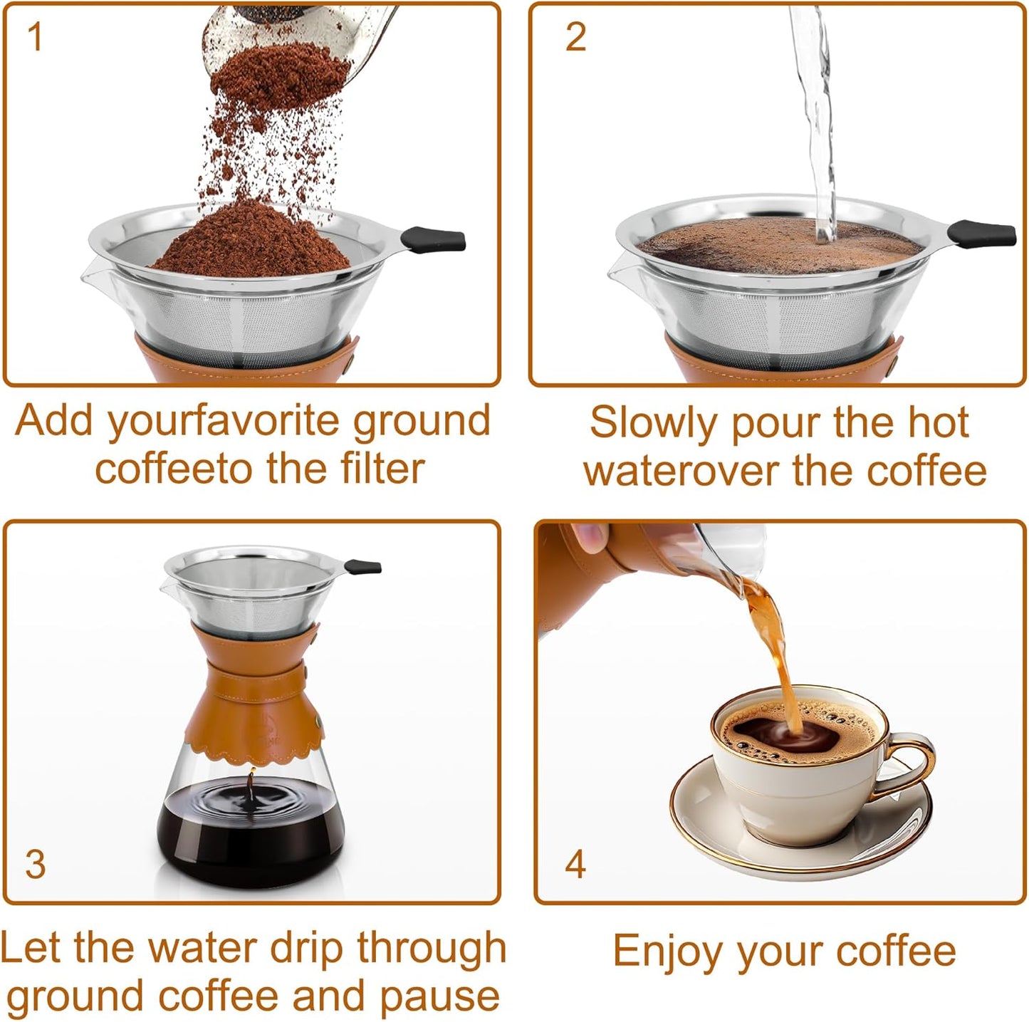 34oz Pour Over Coffee Maker with Double Layer Stainless Steel Filter, Borosilicate Glass Dripper, Detachable Heat-Resistant Leather Pad 7-8 Cups Coffee Maker Carafe(Light brown)