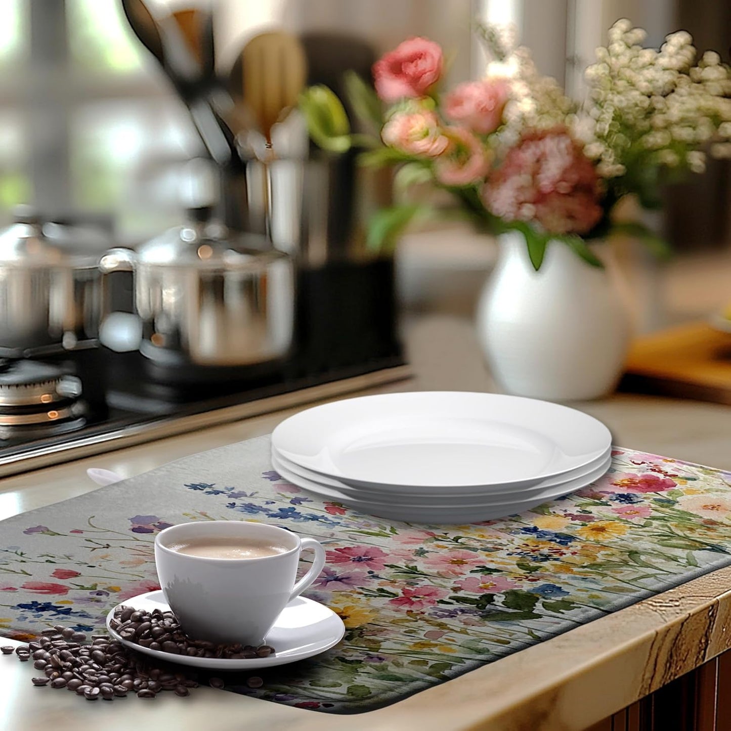 Spring Floral Dish Drying Mat for Kitchen Counter Summer Colorful Flower Kitchen Dishes Dryer Pad Absorbent Matt Microfiber Washable Foldable Reusable Large 18x24 in