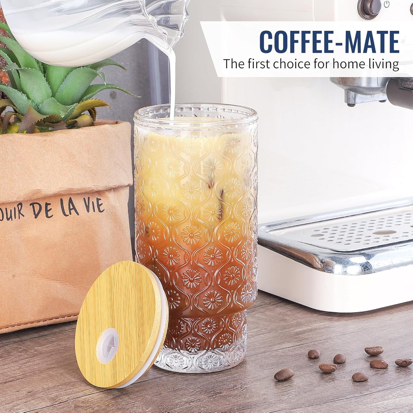 16 Oz Glass Cups with Lid and Straw, Vintage Embossed Floral Glass Tumbler, Iced Coffee Cups for Whiskey Cocktail Beer (1 PACK)