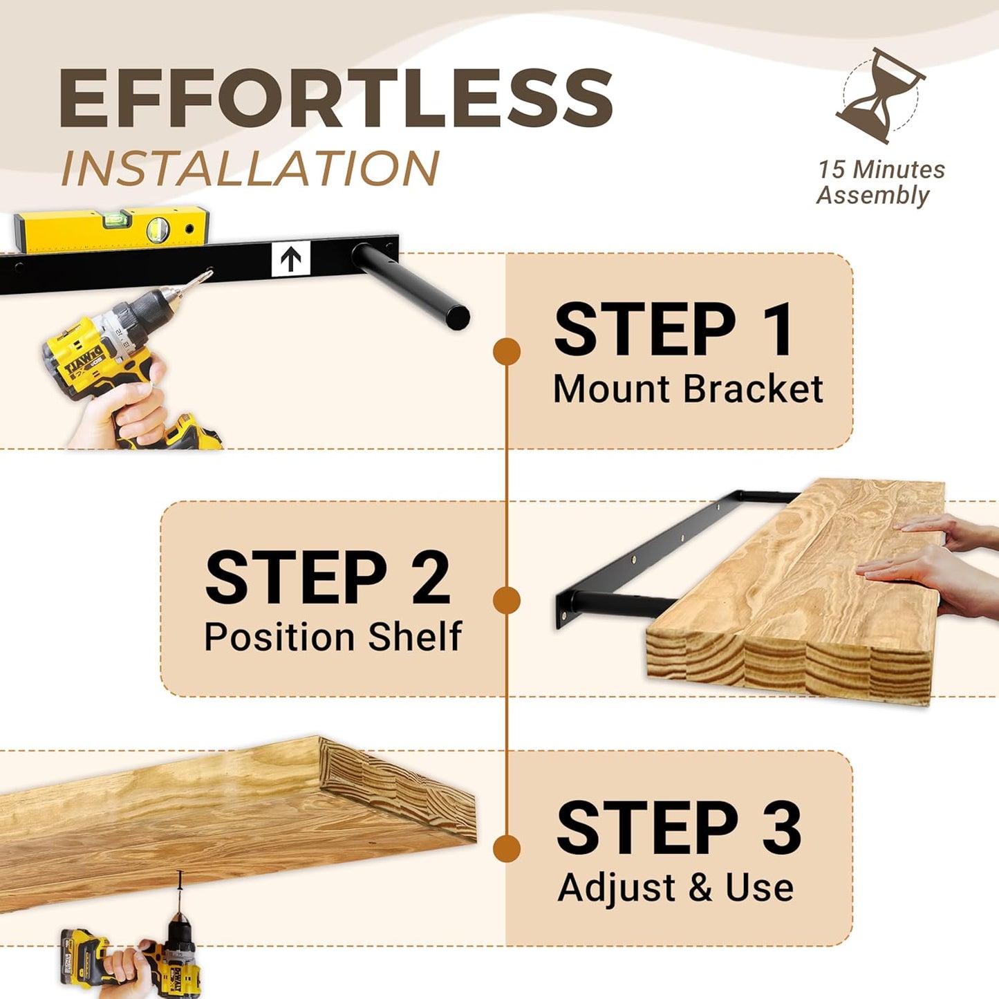 24'' Pine Wood Floating Shelves for Wall- Set of 2 - Rustic Wall Mounted Wooden Shelf for Stylish Home Décor (Light Walnut, 24x6.5x1.25), 2pcs