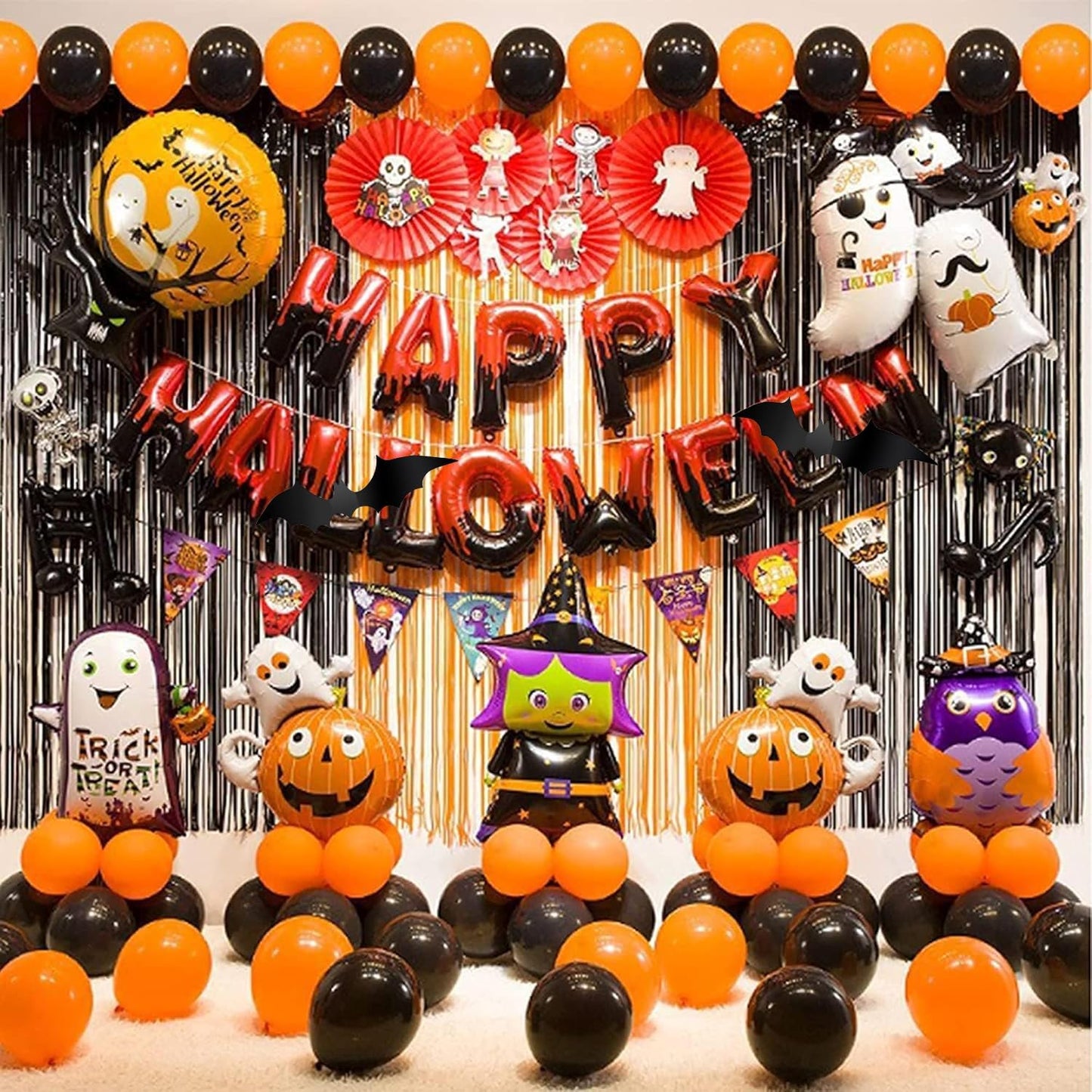 BRAVESHINE 1 Black 1 Orange Tinsel Photo Backdrop Curtains - 3.2x8.2ft Foil Fringe Streamer Curtain for Birthdays, Halloweens, Graduations, Pumpkin, Home, Indoor or Outdoor Party Supplies Decorations