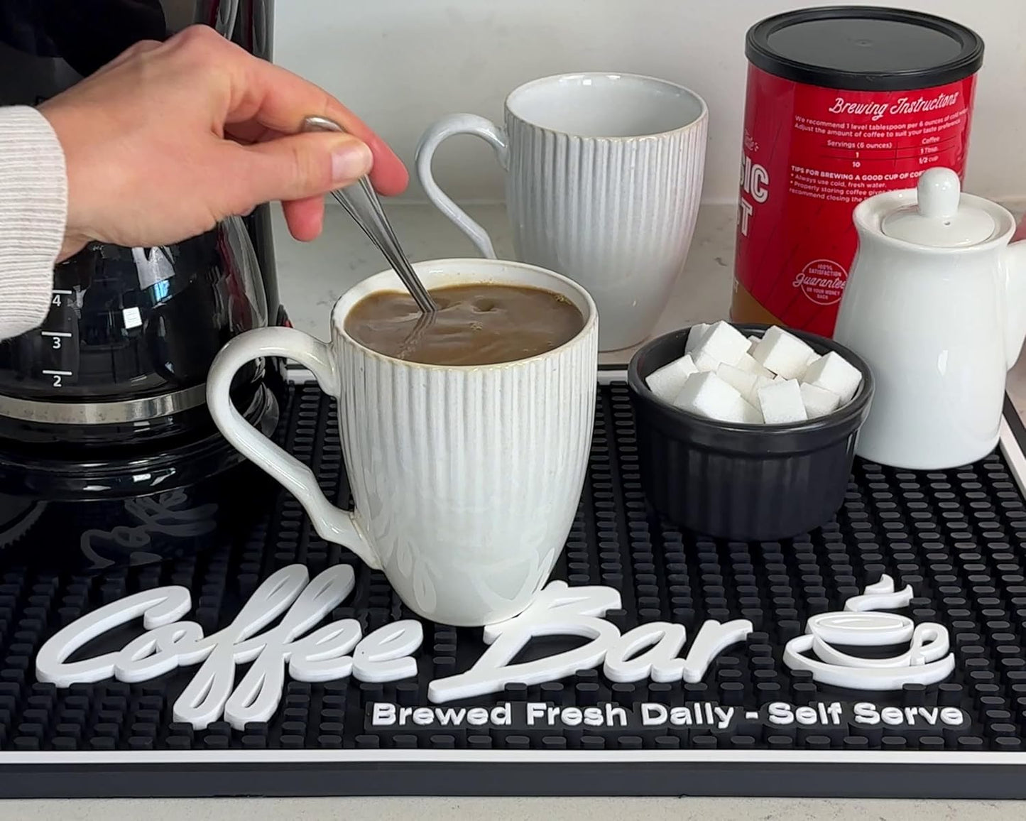 Coffee Station Mat Brewed Fresh Daily Self Serve Coffee Bar Matt for Countertop, Large 18 x 12 in Mats for Kitchen Decor and Accessories Sign for Kitchen, Tiki Decor and Bar Matts for Bartending