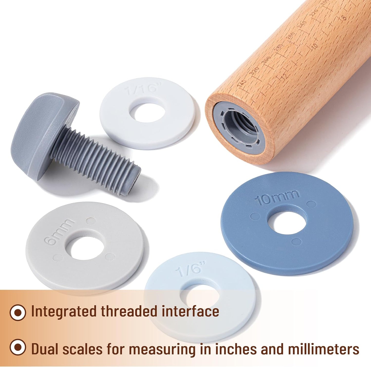 Bamboo Land- Adjustable Rolling Pin with Thickness Rings for Baking, 13.8", 4 Pastel Colored Thickness Rings (2-10 mm or 1/16"-3/8"), Wood Rolling Pins for Baking, Bread, Pizza & Cookie Doughs