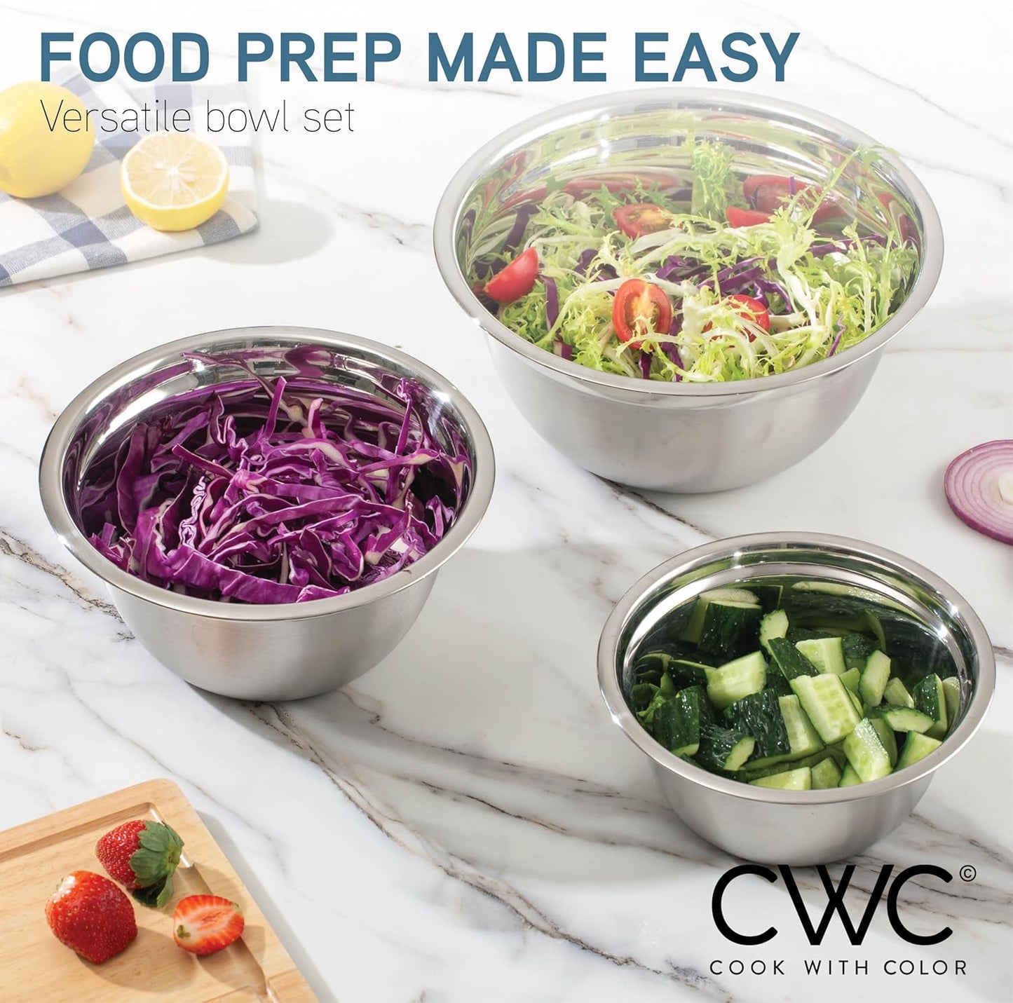 COOK WITH COLOR Stainless Steel Mixing Bowls Set - Nesting Bowls with Non-Slip Bottom and Easy-Grip Handles, Silver, 12 Pieces