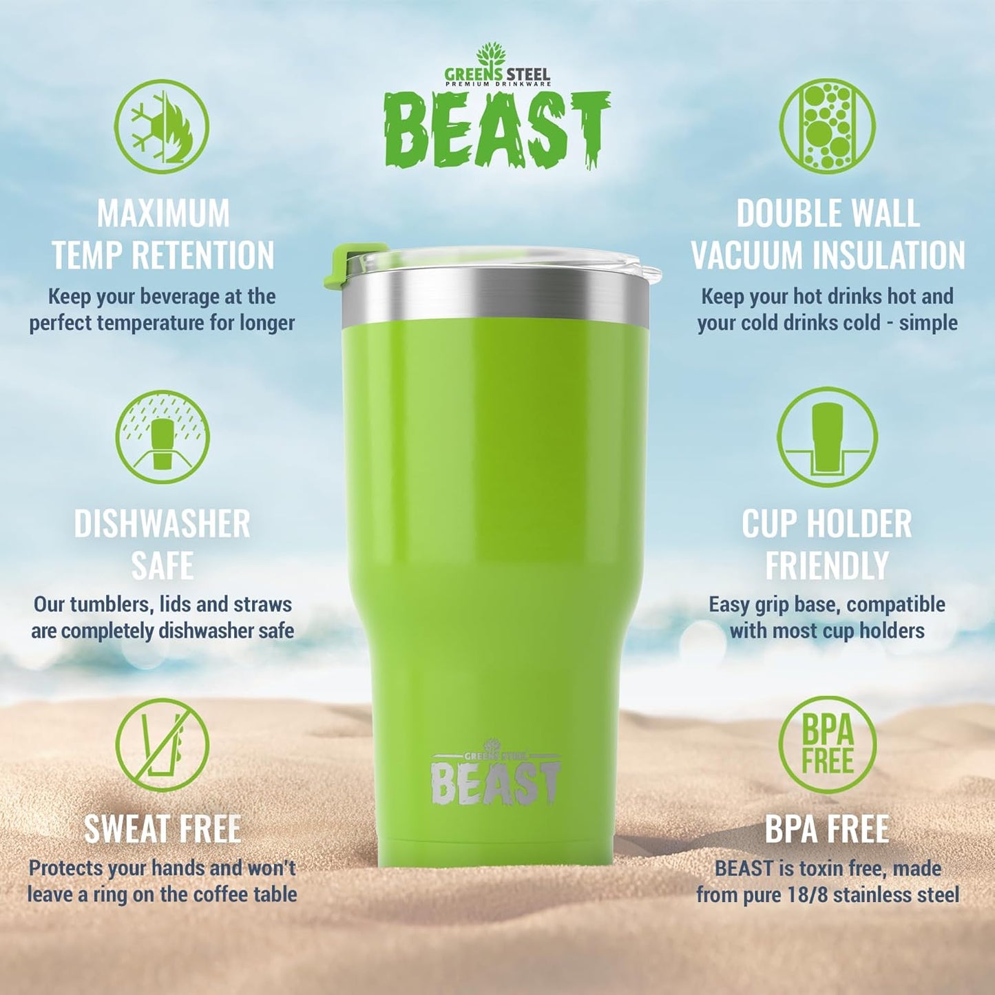 Beast 40 oz Tumbler Stainless Steel Vacuum Insulated Coffee Ice Cup Double Wall Travel Flask (Lemongrass Green)