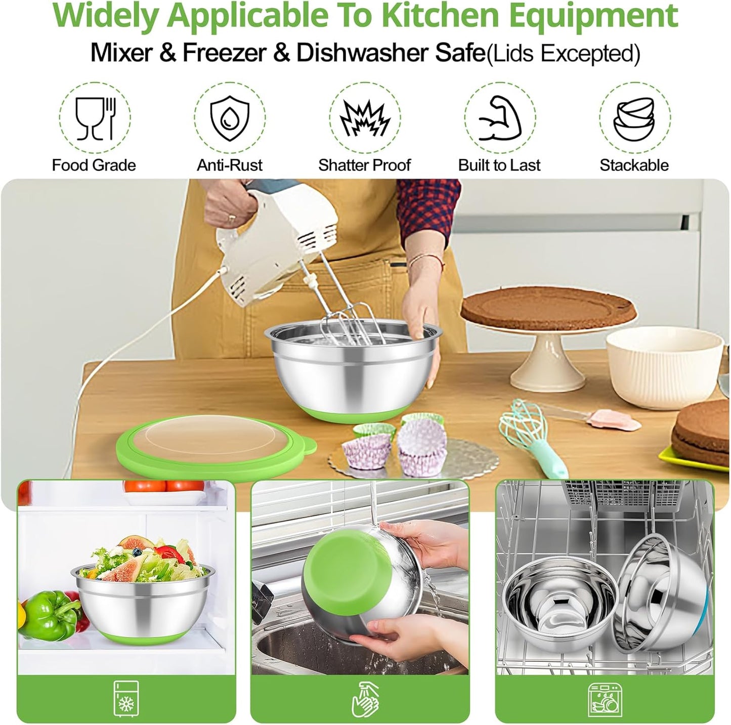 TeamFar Mixing Bowls, 5PCS Stainless Steel Serving Salad Bowls with Lids, For Kitchen Mixing/Baking/Storing/Prepping, Visible & Airtight, Non-Slip Bottom - 4.6/3.5/1.5/1 / 0.7 QT, Multi-color