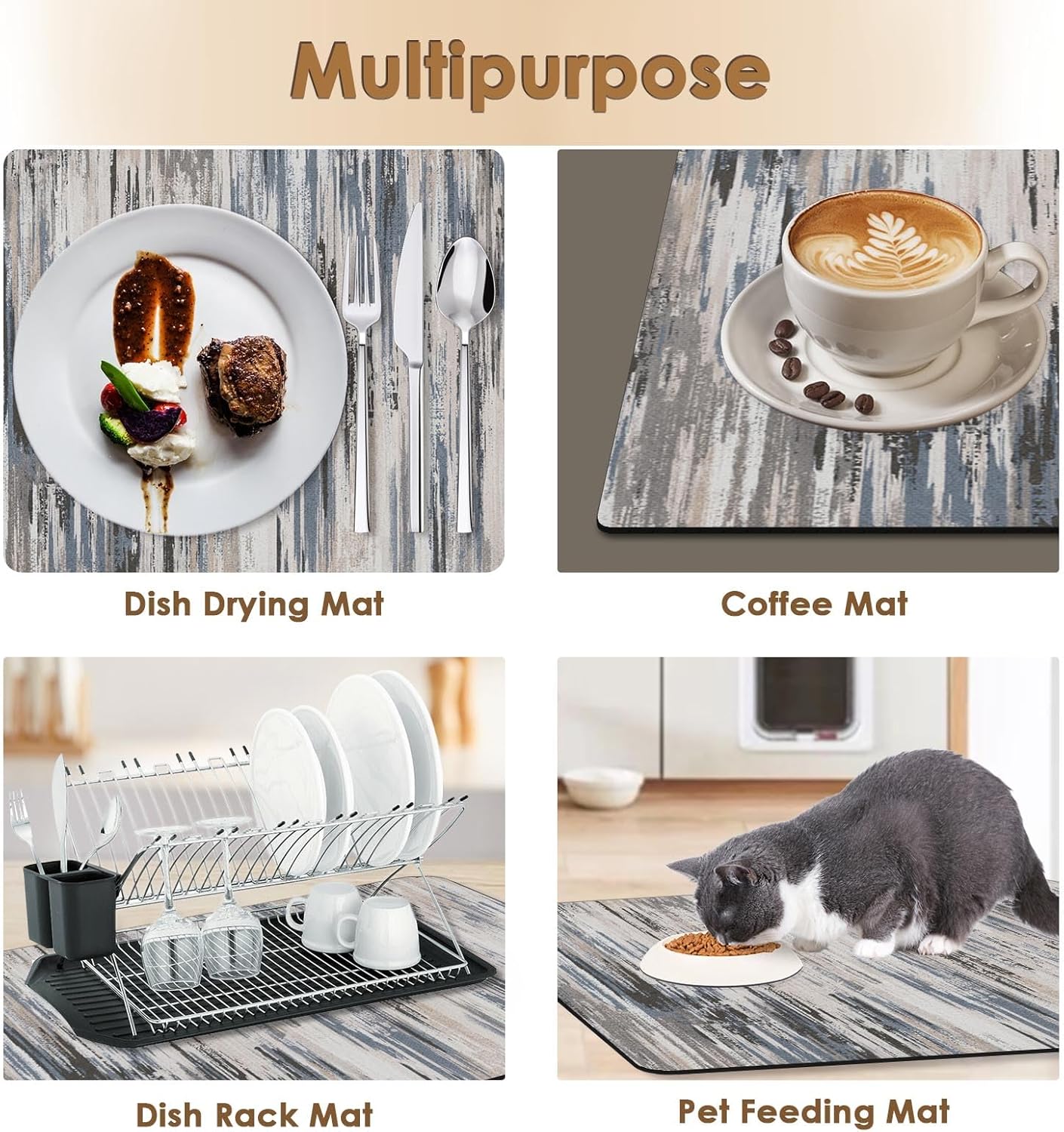 Arttown Coffee Mat for Countertops, Abstract Tan Minimalism Grey Dish Drying Mat 2 Pcs for Kitchen Bar Accessories, Fit Under Coffee Maker Espresso Machine Dish Rack Hide Stain Rubber 12x19in