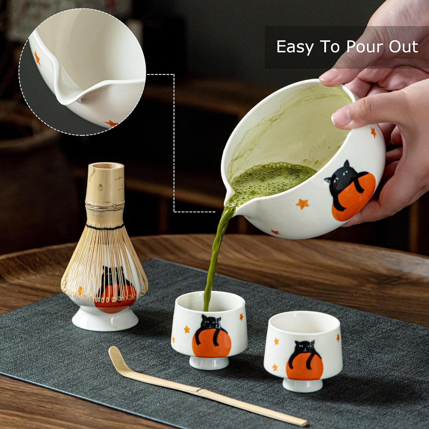 Matcha Set -Cute Cat Matcha Bowl Set with Whisk, Scoop, Whisk Holder & 2 Cups | 6 Pcs Authentic Matcha Tea Ceremony Kit | Great Gift for Tea Lovers
