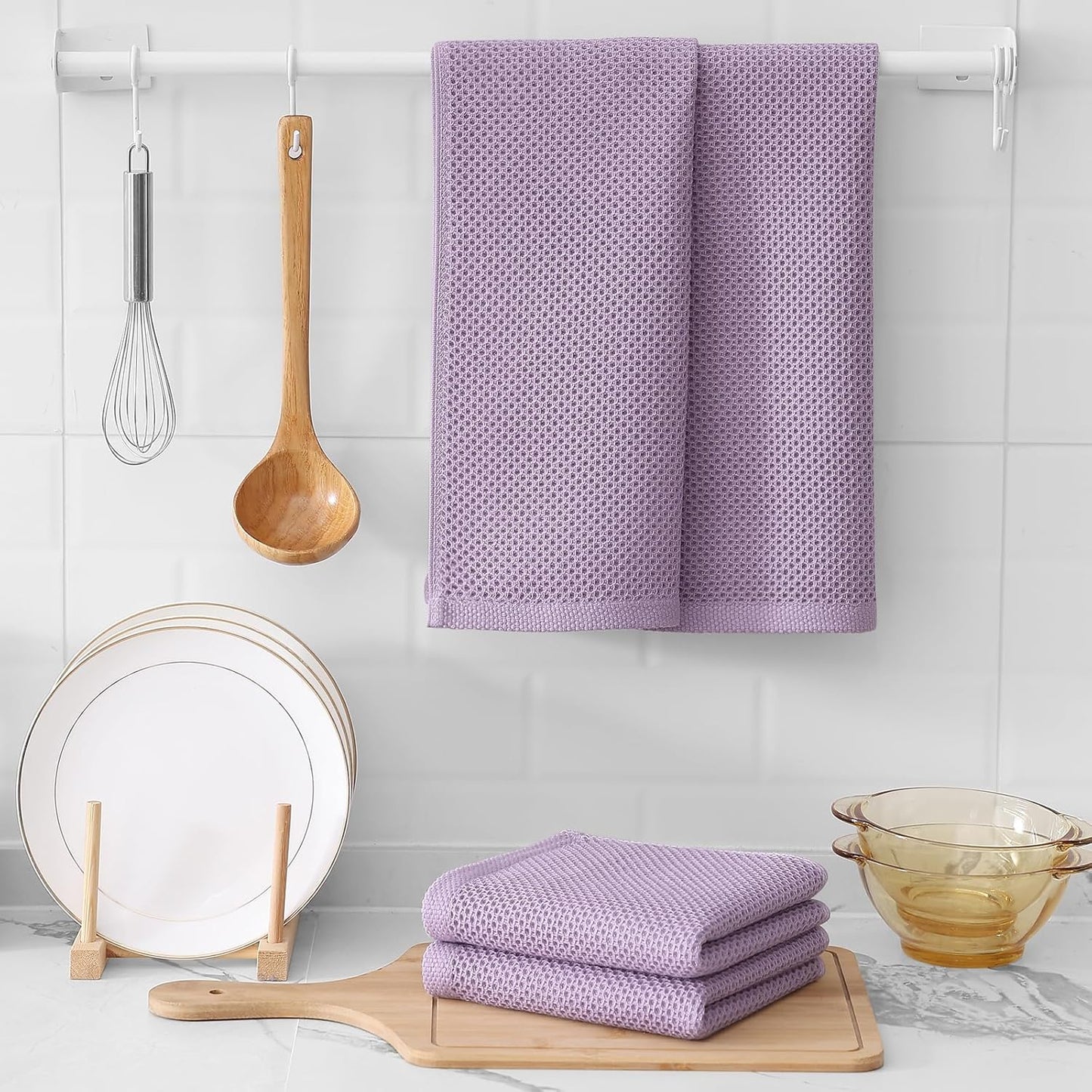 Kitinjoy 100% Cotton Waffle Weave Kitchen Towels, 6-Pack Super Soft and Absorbent Dish Towels for Drying Dishes, Kitchen Hand Towels, 13 in x 28 in, Lavender