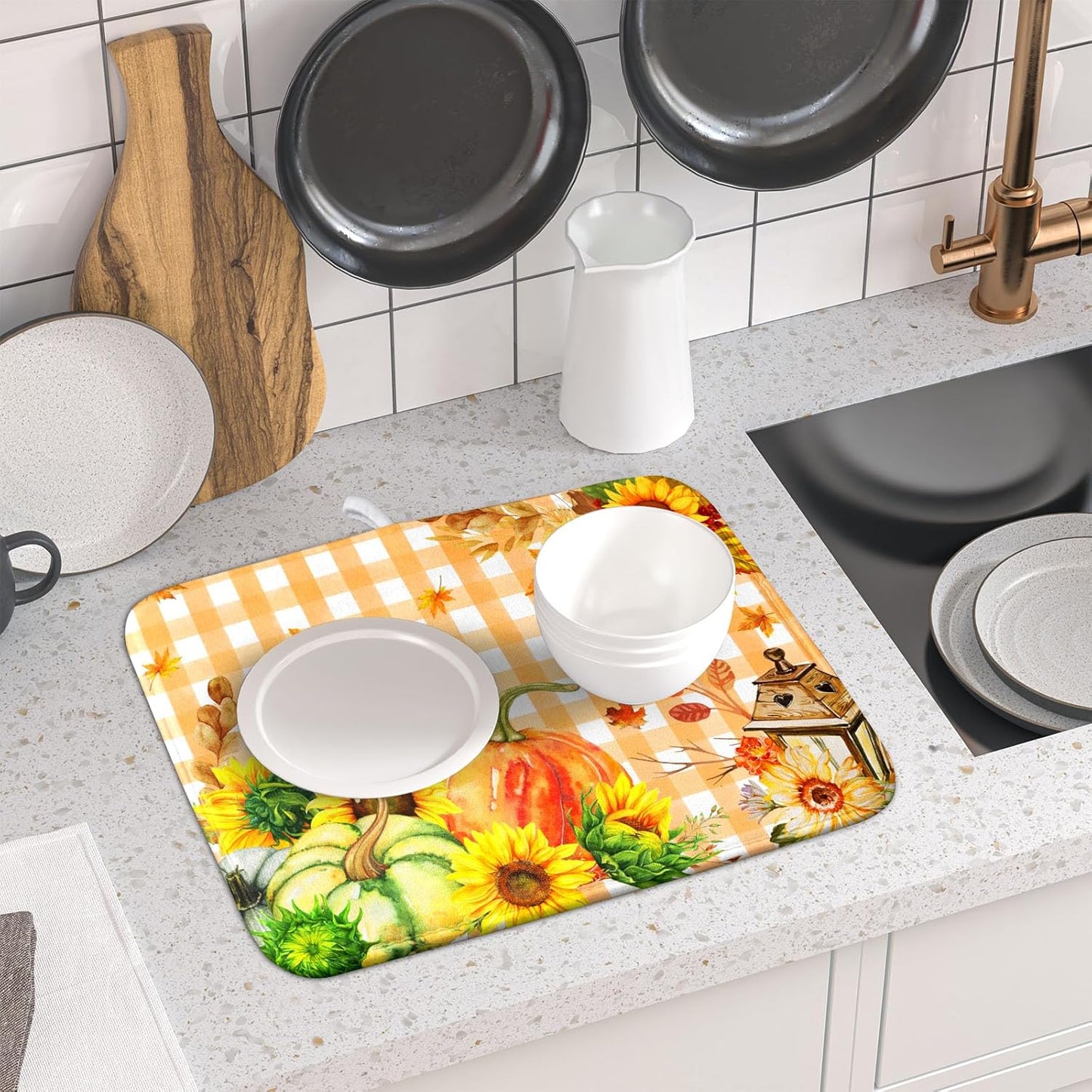 Autumn Maple Leaf Orange White Check Plaids Dish Drying Mat for Kitchen Counter,Fall Sunflower Pumpkin Drying Mat 16 x 18 Inch with Absorbent Reversible Microfiber Dish Drying Pad for Coffee Bar