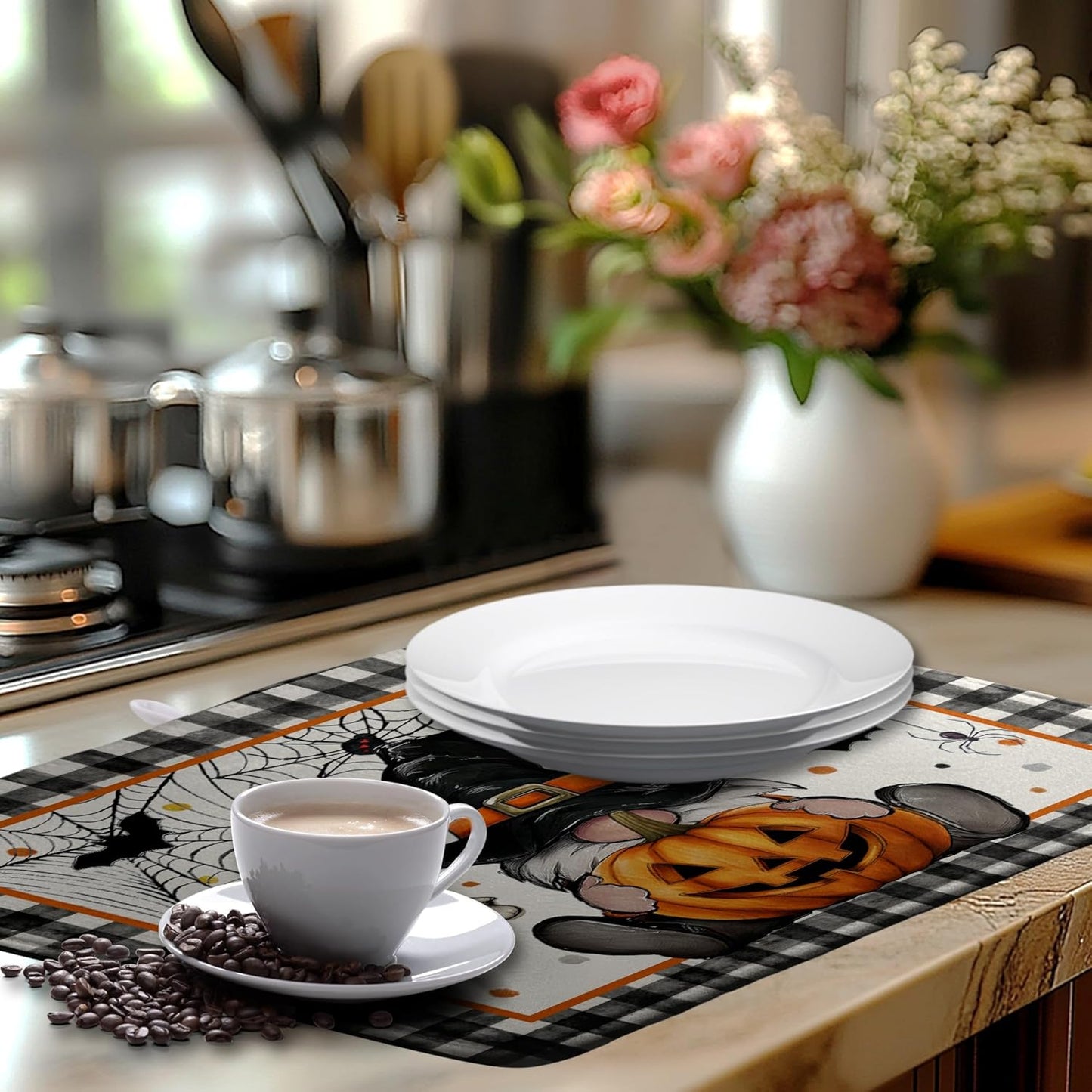 Halloween Gnomes Dish Drying Mat Bats Pumpkins Large Kitchen Mats Dish Drying Pad Buffalo Plaid Absorbent Dish Dryer Mat for Kitchen Countertops Microfiber Drainer Pad Dish Drying Mats (18x24 in)