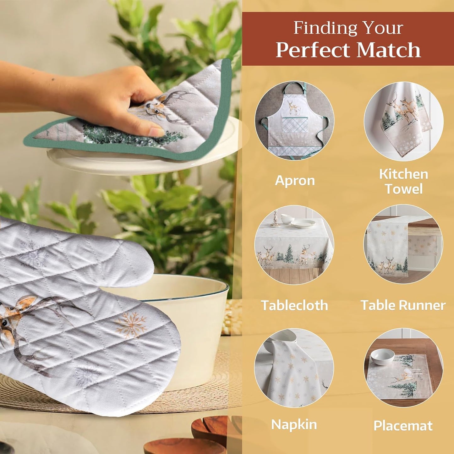 Maison d' Hermine Pot Holders Set 100% Cotton Heat Resistant Potholders 8" x 8" Hot Pads with Loop BBQ, Cooking, Baking, Grilling, Kitchen, Handling Hot Pans (Pack of 2, Deer in The Woods)