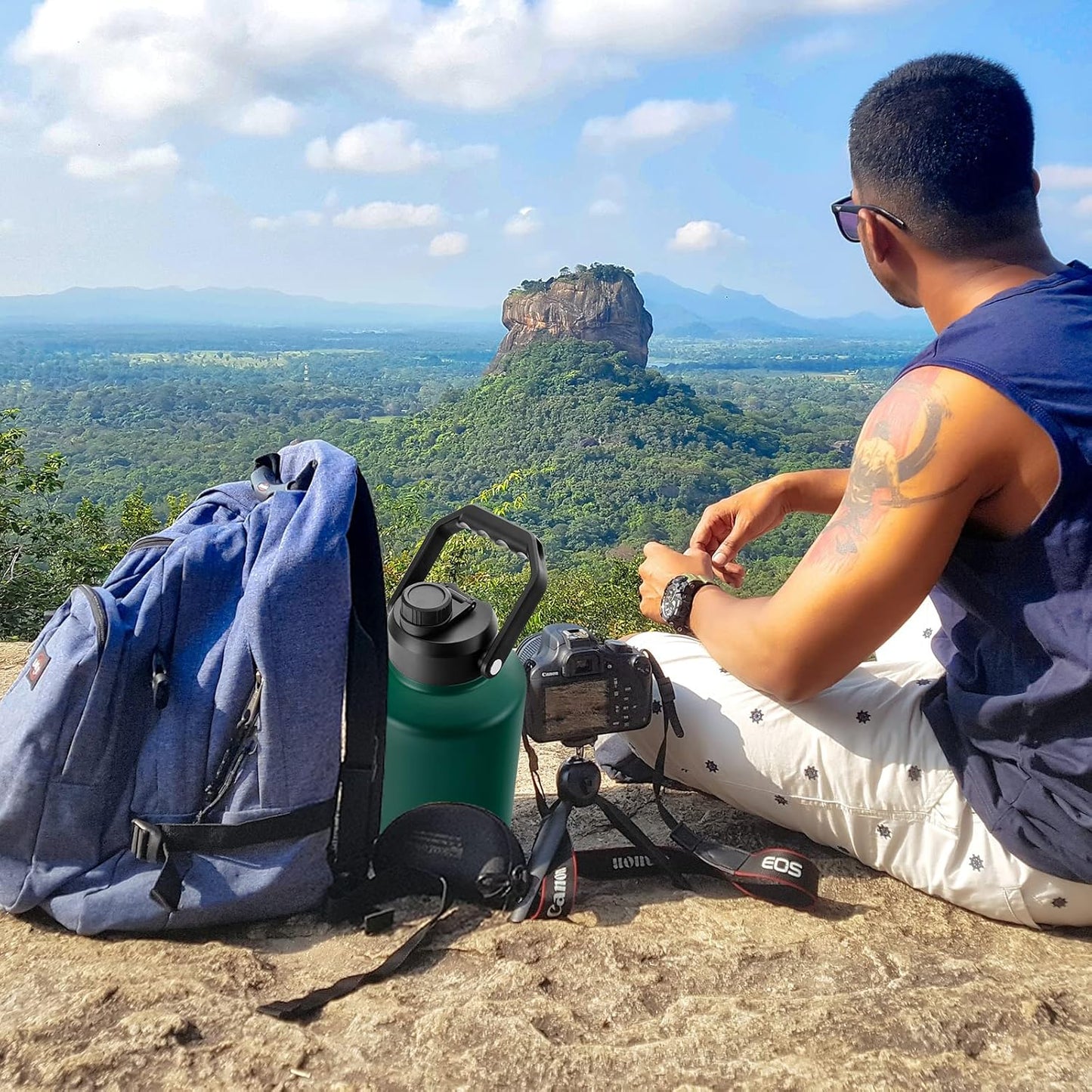 BJPKPK One Gallon(128 oz) Insulated Water Bottle, Dishwasher Safe Stainless Steel Thermos, BPA Free Jug with Ergonomic Handle & Anti-slip Bottom, Large Water Bottle, Army Green