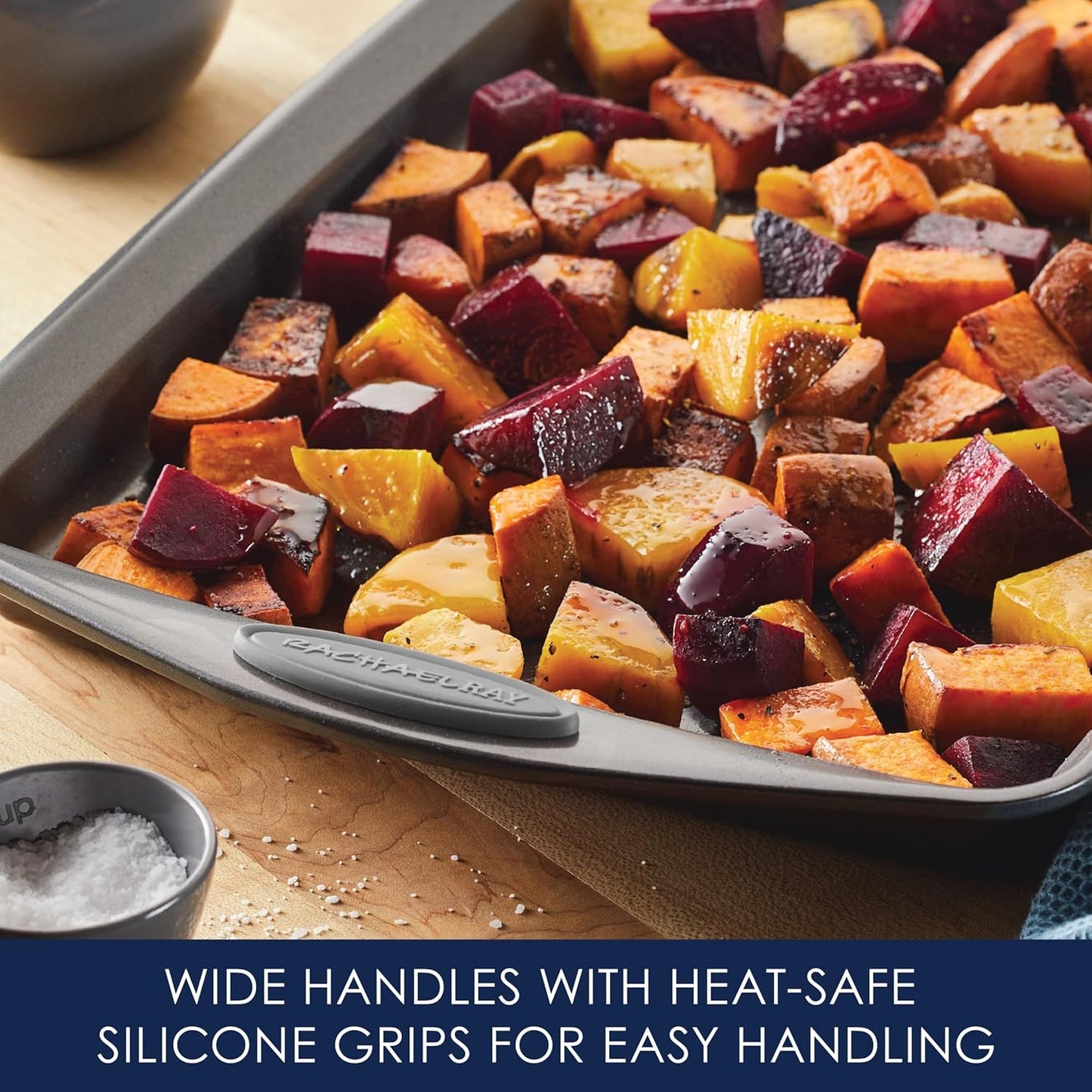 Rachael Ray Nonstick Bakeware Set with Grips, Nonstick Cookie Sheets / Baking Sheets - 3 Piece, Gray with Sea Salt Gray Grips