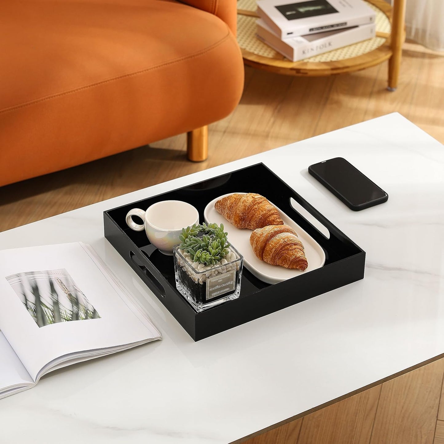 Glossy Black Sturdy Acrylic Serving Tray with Handles-12x12 Inch-Serving Coffee,Appetizer,Breakfast,Butler-Kitchen Countertop Tray-Makeup Drawer Organizer-Vanity Table,Ottoman Tray-Decorative