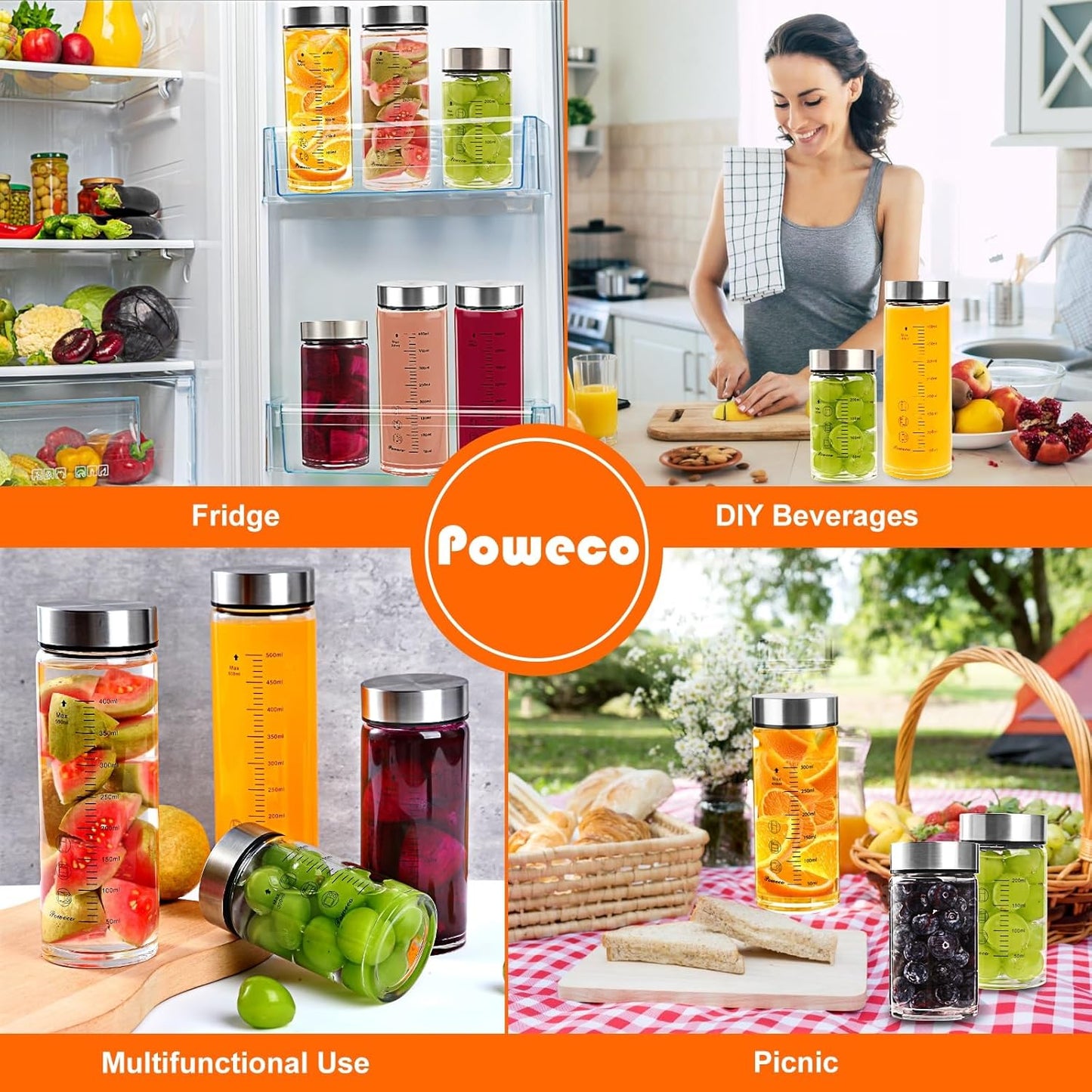 Glass Juice Bottles 6 Pack 20 oz - Wide Mouth Glass Water Bottles with Lids - for Juicing, Protein, Smoothie, Milk, Reusable, BPA Free, Stainless Steel Lids, Blender, Shaker Bottle (20oz/600ml)