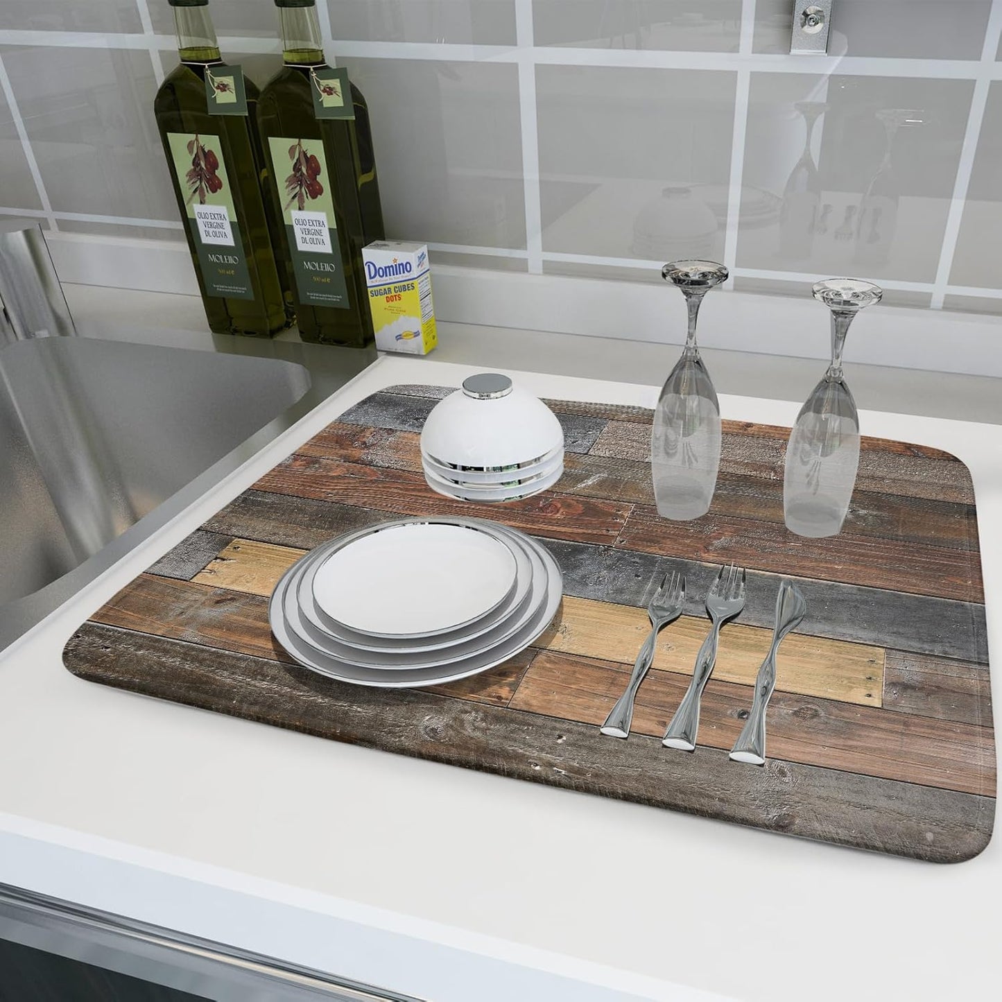 Giwawa Wood Grain Dish Drying Mat for Kitchen Countertop, Rustic Wooden Board Dish Drainer Mats, Vintage Country Style Barnwood Absorbent Reversible Microfiber Dish Drying Pad, 18x24 inch Large