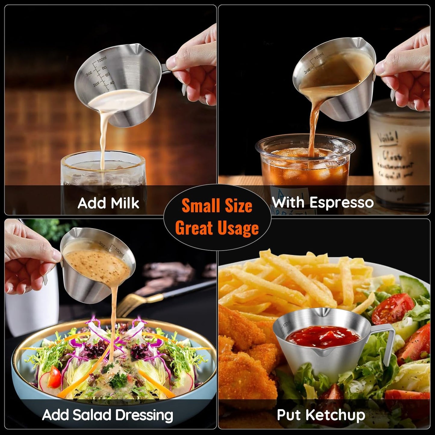 YARRAMATE 2 Pcs Espresso Cups with Handle, Stainless Steel Espresso Accessories, Double Spout Metal Measuring Cup with Dual Scale, Espresso Shot cup with V-Shaped Mouth, 3.4OZ/100ML(Silver)