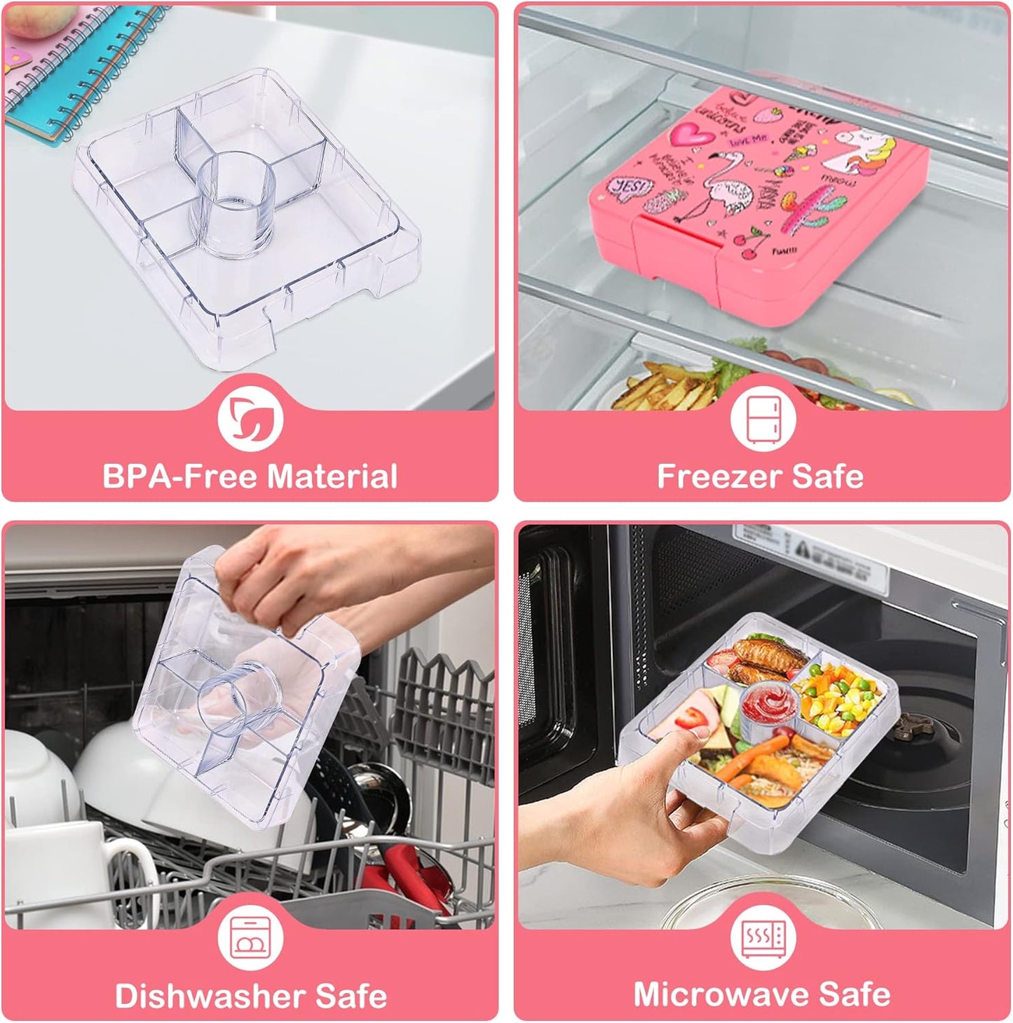 Bento Lunch Box Set With 10oz Soup Thermo, Leak-proof Lunch Containers with 4 Compartment, Kids Hot Thermo Food Jar/Insulation Lunch Bag, Food Containers for School(Flamingo)