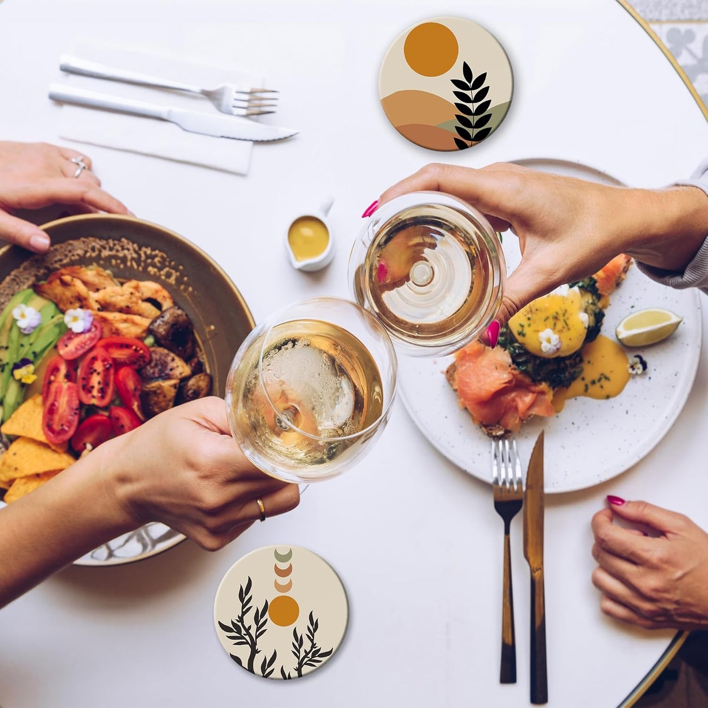 Drink Coasters Set of 6 with Holder, Abstract Boho Sun Leaves Absorbent Ceramic Coasters with Cork Base,Fit All Cups,Great Gift for Housewarming,Room Decor,Bar,Holiday Party