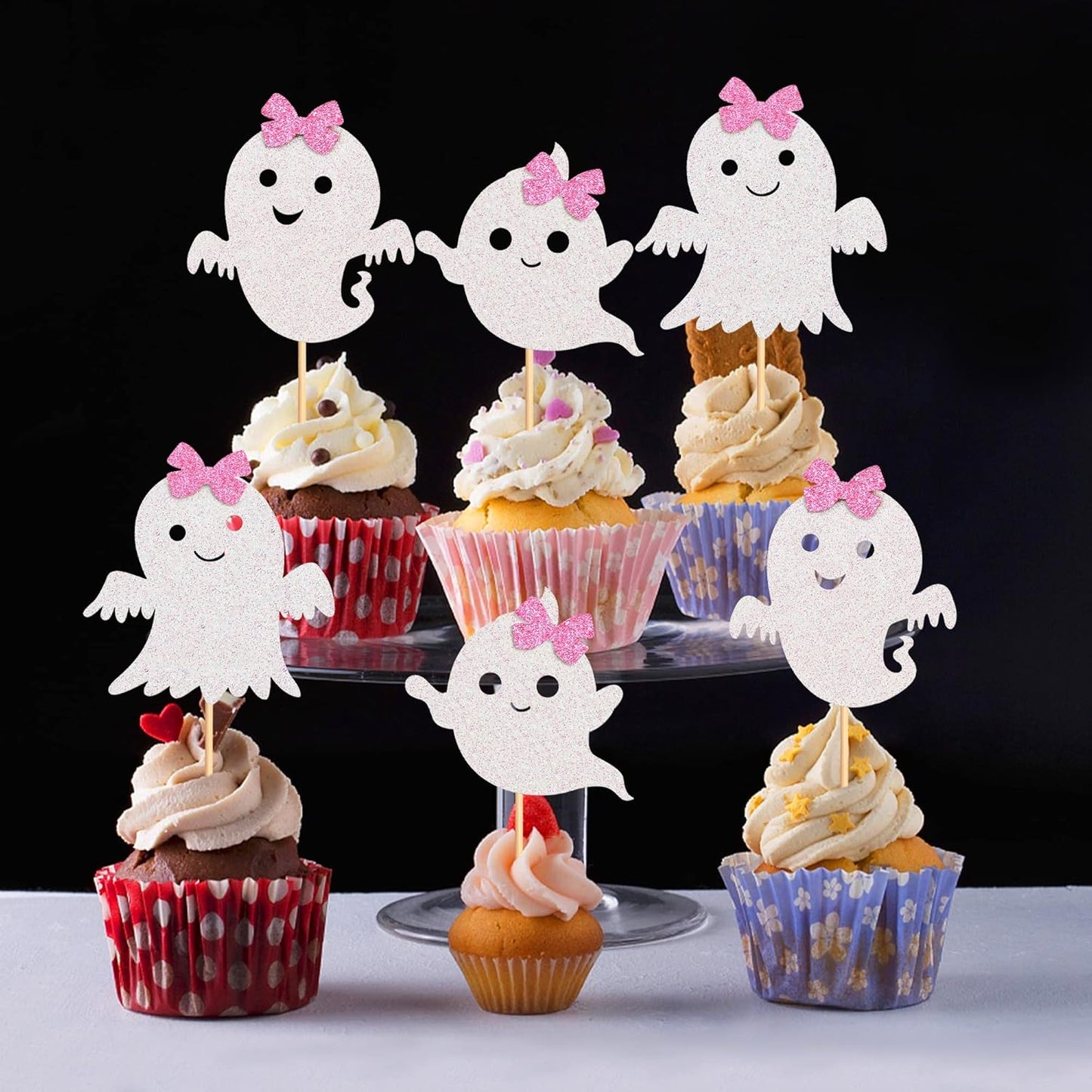 24Pcs Ghost Cupcake Toppers - Pink & White Halloween, Baby Shower, Ghost & Gender Reveal Decorations