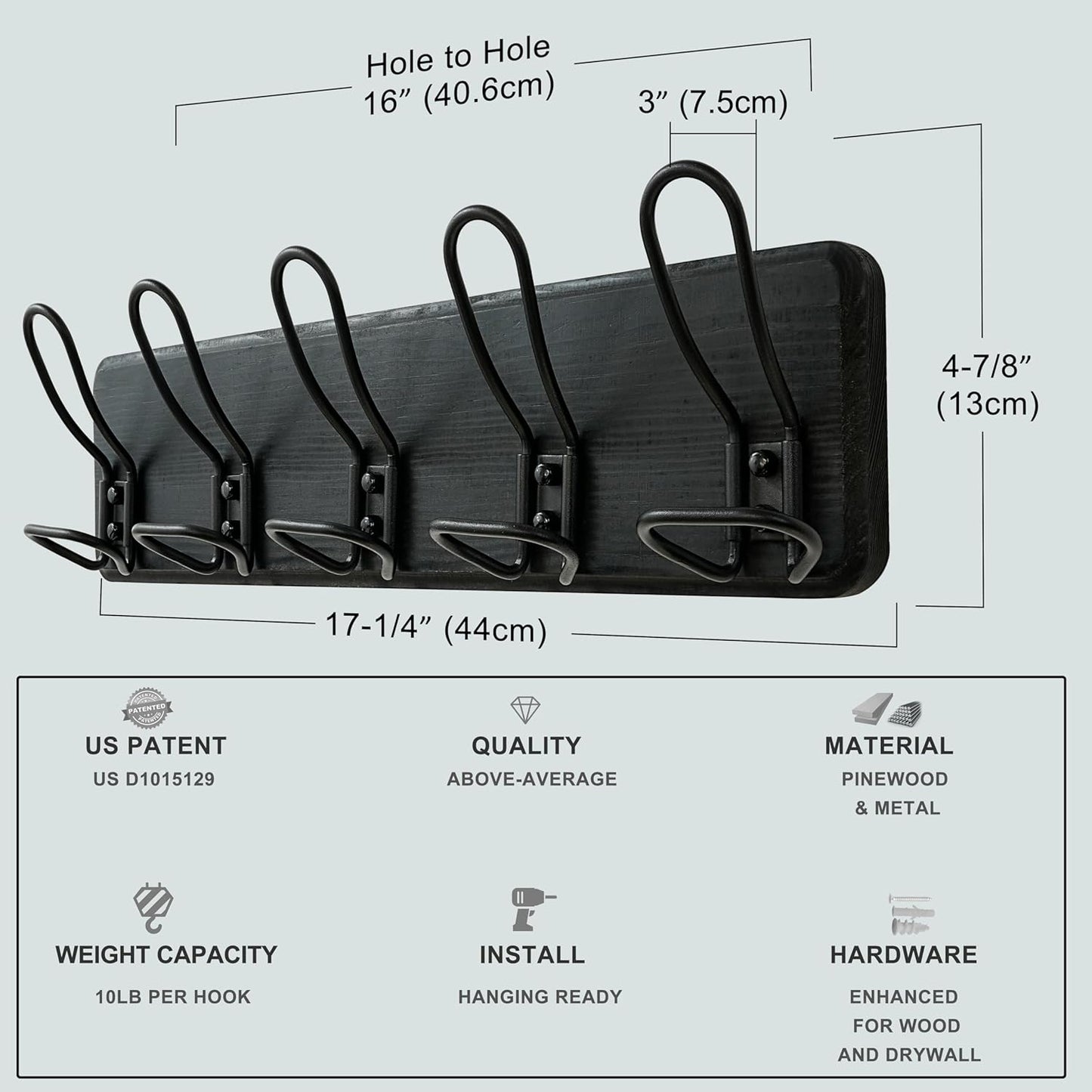 Dseap Coat Rack Wall Mounted - Heavy Duty Farmhouse Rustic Wall Coat Hanger with 5 Wire Hooks for Clothes Hat Jacket Towel, RusticWire, G25A, Black, Pack of 2