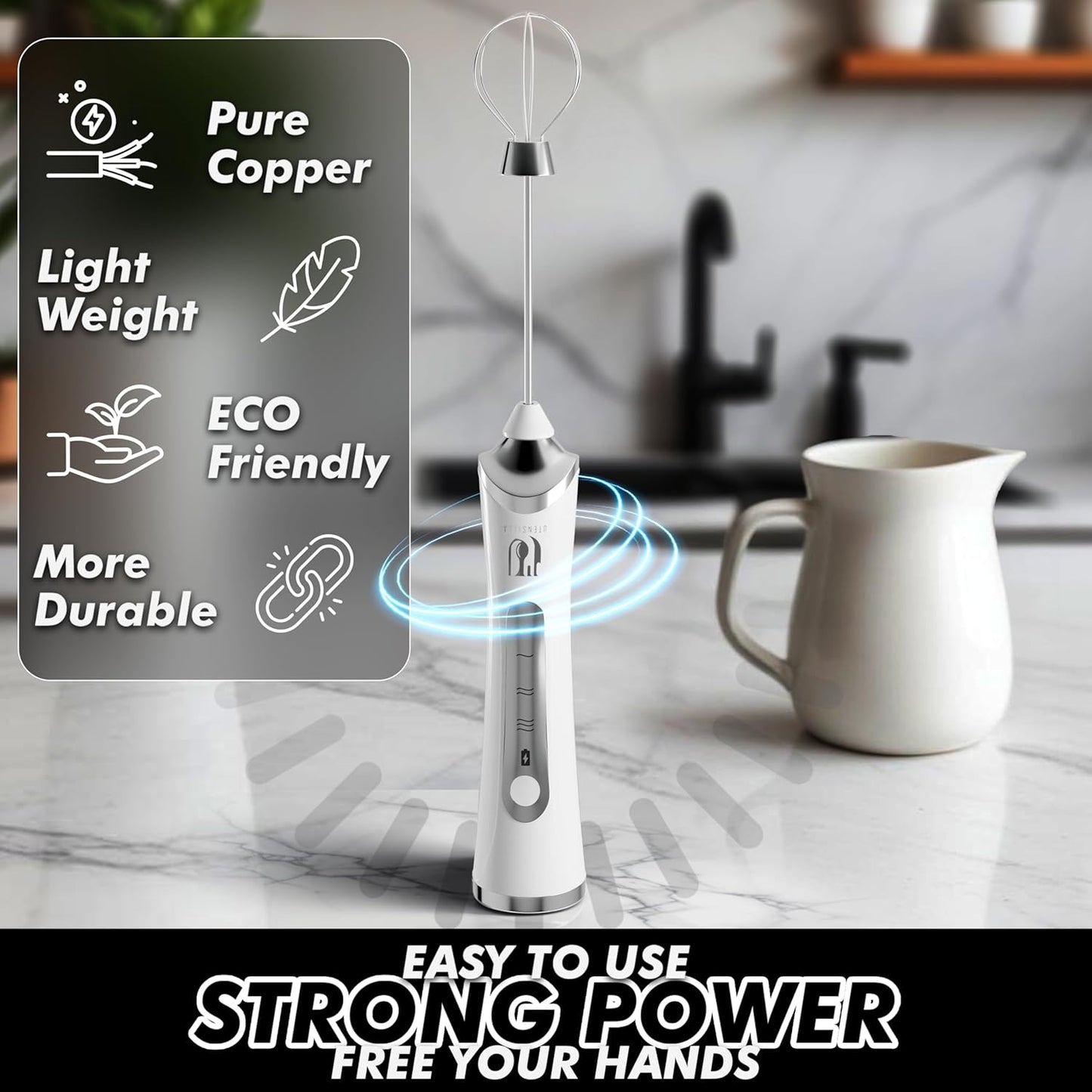Rechargeable Handheld Milk Frother - Electric Foam Maker - Portable Coffee Frother Wand with 2 Heads - Stainless Steel Electric Whisk for Coffee, Latte, Cappuccino, Macchiato, Hot Chocolate (White)