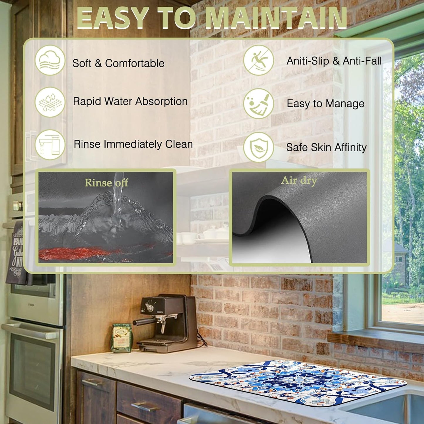 Dish Drying Mat Mandala Blue Floral Kitchen Mat 12"x19" Bsorbent Coffee Maker Mat for Dishes,Utensils Coffee Maker Pots and Pans Easy Clean Dish Slip Resistant Pad