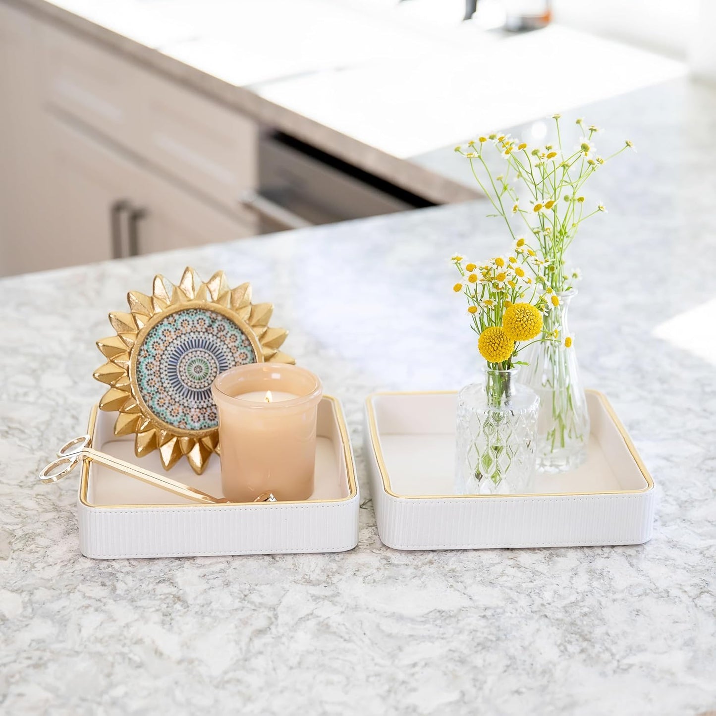 2 Pack White Catch All Trays for Jewelry| Small Leather Valet Tray| Key Bowl for Entryway Table EDC Trinket Tray Catch All| Perfume Trays for Dresser Organizer Perfume Holder (Set of 2)