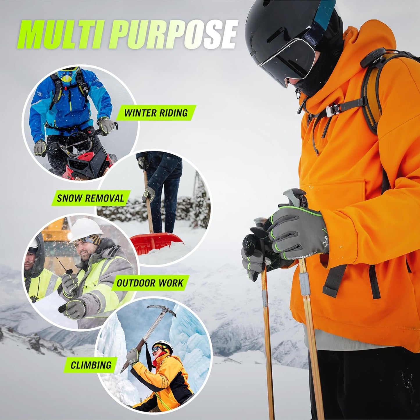 HANDLANDY Waterproof Insulated Work Gloves, 3M Thinsulate Thermal Winter Gloves for Men Women Touch Screen, Warm Ski Snowboard Cold Weather Gloves (Green-men Size, Large)