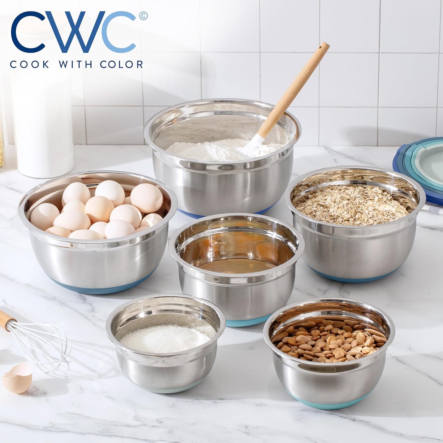 COOK WITH COLOR Stainless Steel Mixing Bowls Set with Lids - Nesting Bowls with Non-Slip Bottom, Blue, 12 Pieces