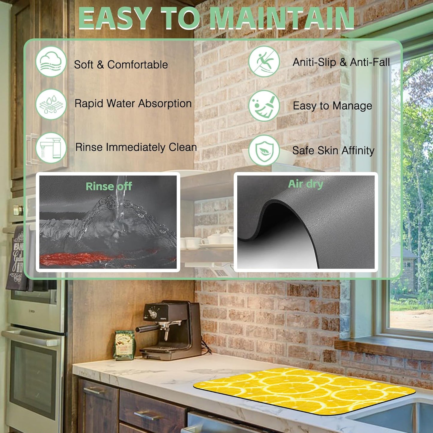 Fresh Yellow Lemon Slice Dish Drying Mat,12"X19" Absorbent Fast Dish Drying Mat for Kitchen Counter Pot and Pan, Kitchen Accessories