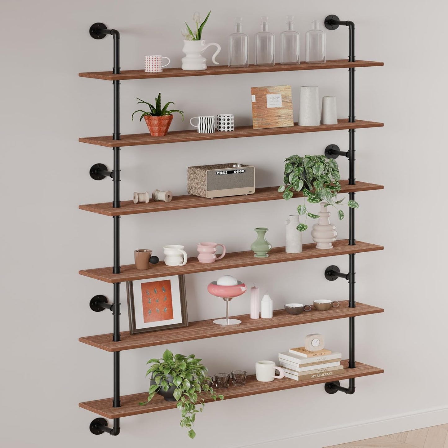 48 InchPipe Bookshelf Floating Shelves for Wall Shelves Bookshelf Industrial Pipe Shelving Shelves Real Wood Planks Rustic Hanging Shelves Farmhouse Kitchen Bar Shelving
