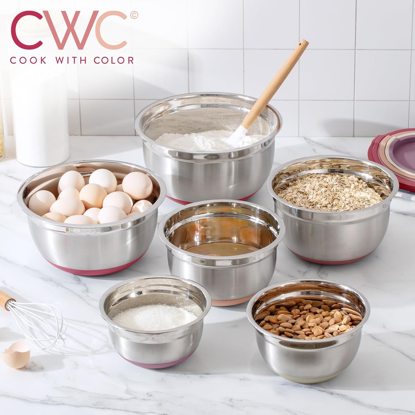 COOK WITH COLOR Stainless Steel Mixing Bowls Set with Lids - Nesting Bowls with Non-Slip Bottom, Rose, 12 Pieces