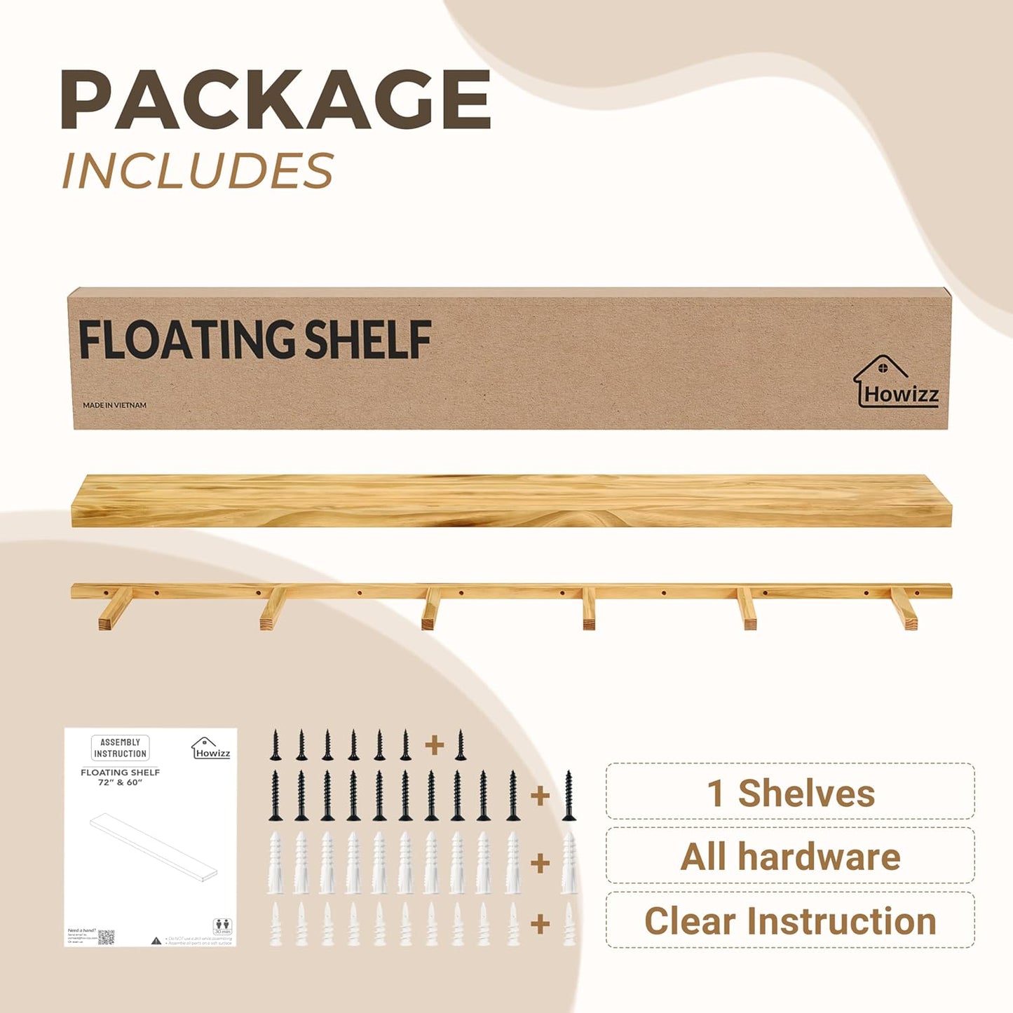 60'' Pine Wood Floating Shelf for Wall - Rustic Wall Mounted Wooden Shelf for Stylish Home Décor, Fireplace Mantel 60inch (Light Walnut, 60x8x2) - 1pcs