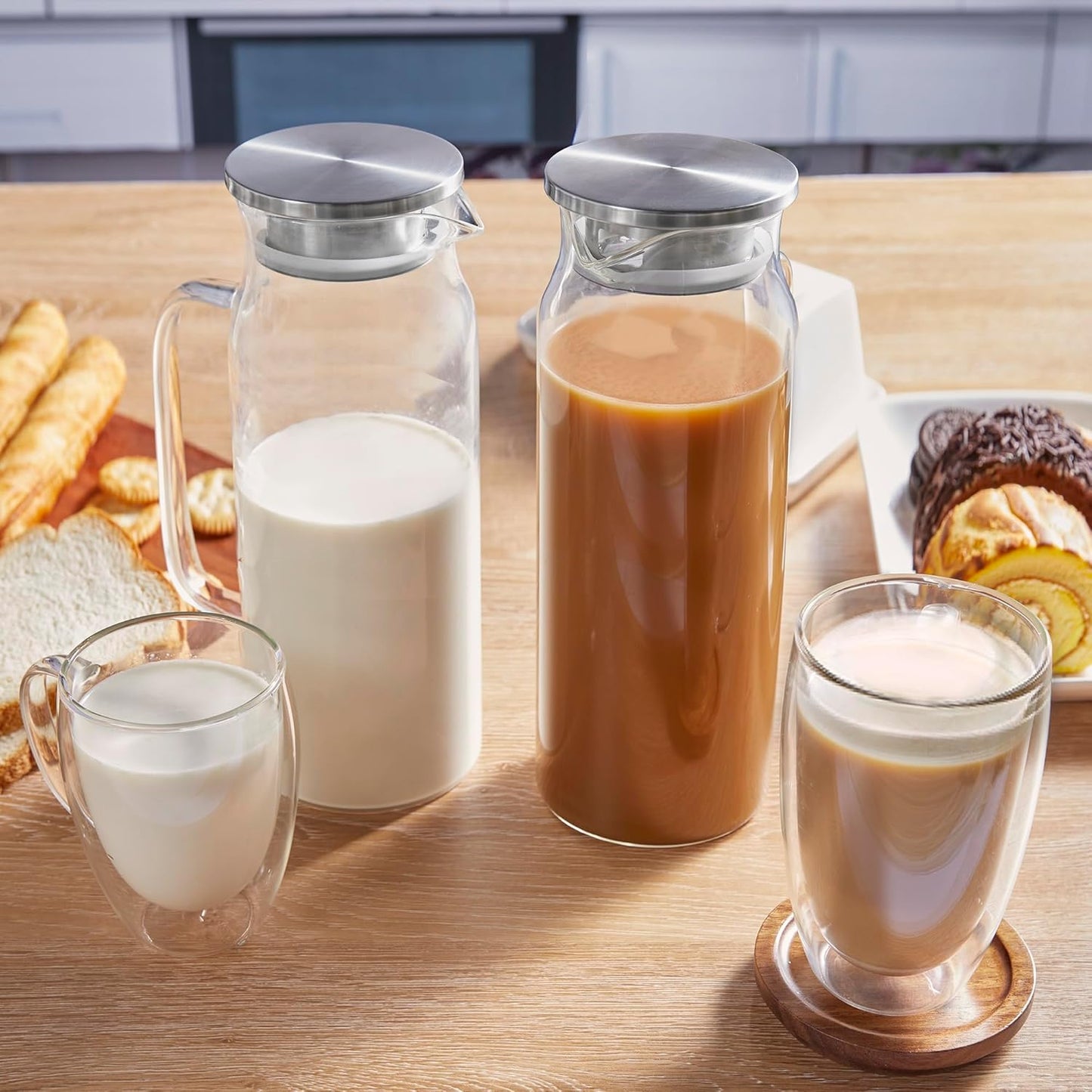 2 Pack 1.6 Liter 54 oz Glass Pitcher with Lid and Spout, Glass Carafe Water Pitcher for Hot/Cold Water, Iced Tea, Drinks, Coffee, Juice and Homemade Beverage