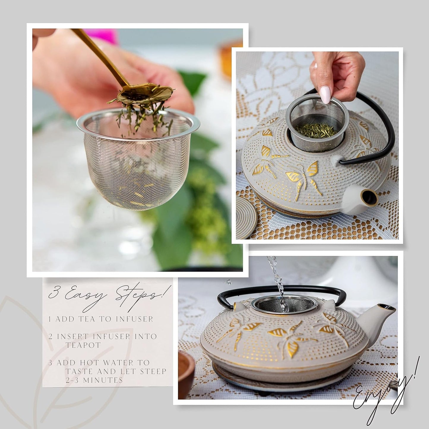 7PC Japanese Tea Set. "Sand Color" Cast Iron Tea Pot with 2 Tea Cups, 2 Saucers, Tea Infuser and Teapot Trivet. Ceremonial Matcha Accessories