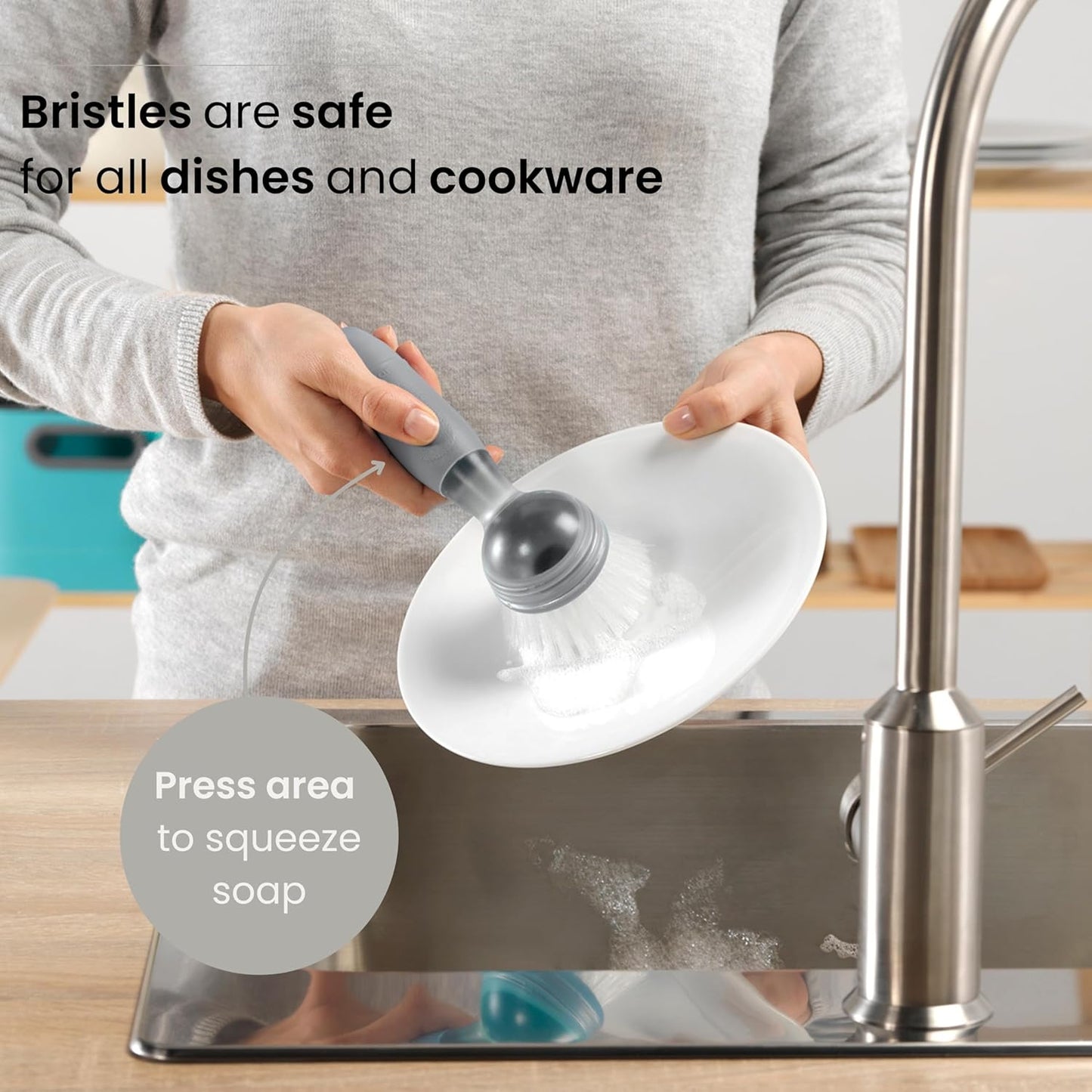 Vigar Rengo Soap Dispensing Dish Brush, Dish Brush with Soap Dispenser for Pot Scrubber, Dishes, Sink Cleaner, and Kitchen Essentials, Grey