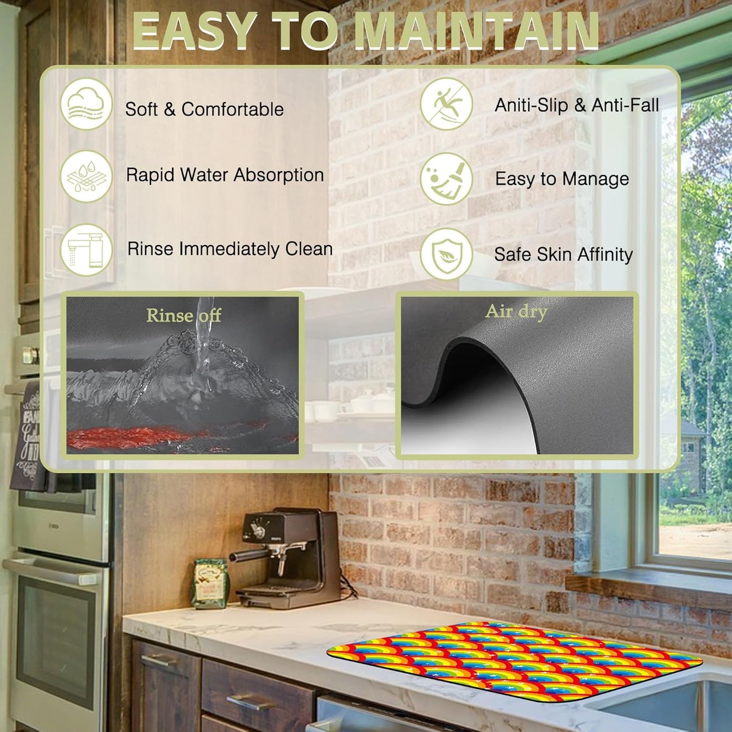 Kitchen Mat Rainbow Half Circle Star Dish Drying Mat 12"x19" Bsorbent Coffee Maker Mat for Sink Dishes or Under Rack Kitchen Counter Accessories Absorbent Hide Stain Rubber Backed Dish Drying Pad