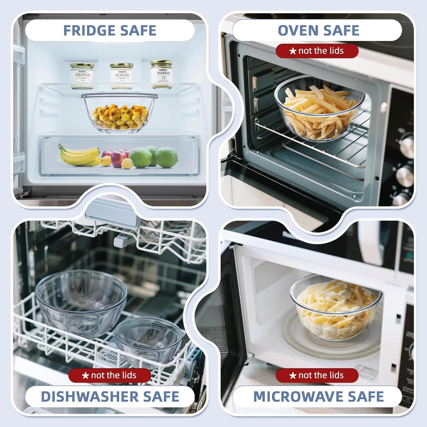 WhiteRhino Glass Mixing Bowls with Lids Set of 5(4.70QT,2.85QT, 1.69QT,1.11QT,0.85QT,Glass Bowls with Lids,Large Salad Bowls Space-Saving Nesting for Cooking,Baking,Prepping,Dishwasher Safe