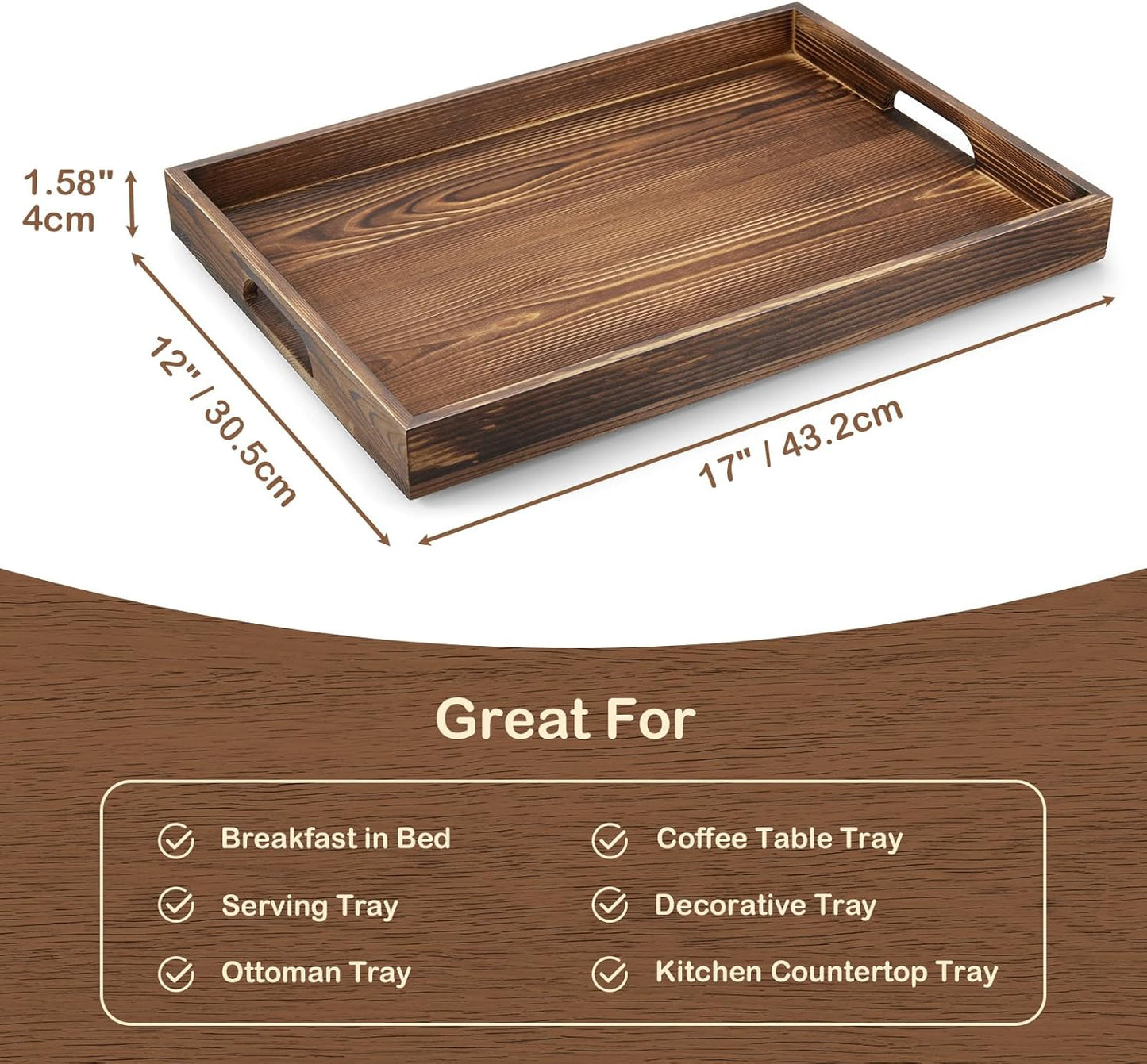 17 Inch Burnt Wood Serving Tray with Handles, Large Wooden Tray for Ottoman, Breakfast in Bed, Coffee Table, Dinner, Rectangular Tray for Living Room Bedroom Entryway and Kitchen