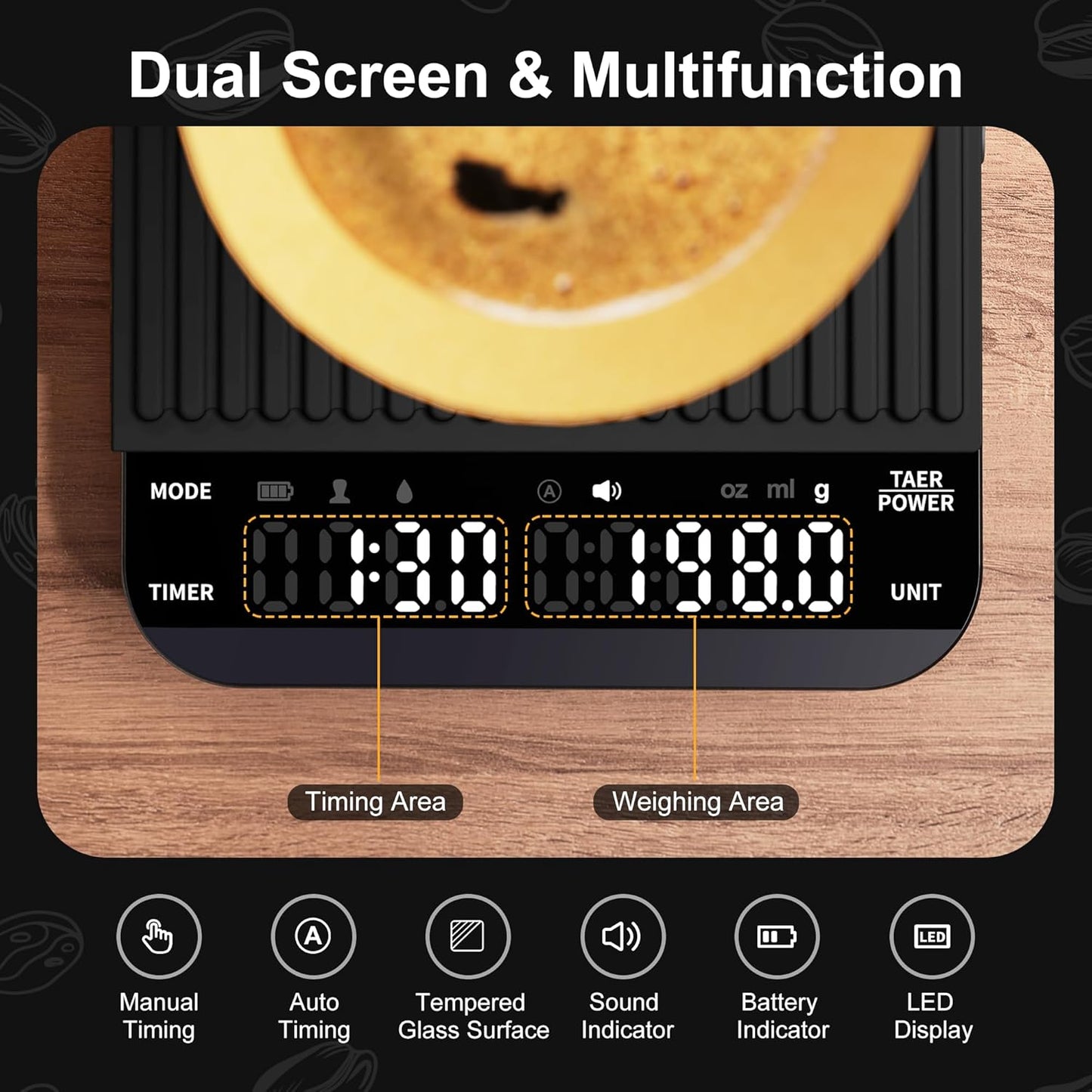 Ultrean Mini Coffee Scale with Timer, Rechargeable Espresso Scale, 2kg/0.1g Accurate Scale for Espresso and Pour-Over Coffee, Portable Digital Kitchen Scale with 3 Brewing Modes